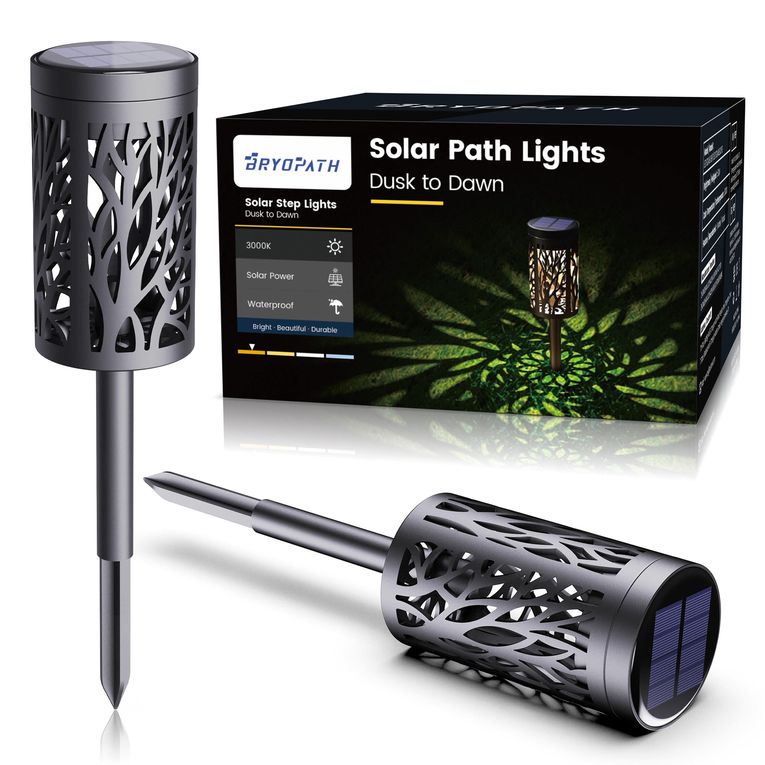 12 in. Black Solar Power Integrated LED Waterproof Path Light 3000K Warm White (2-Pack) - Mycitystee