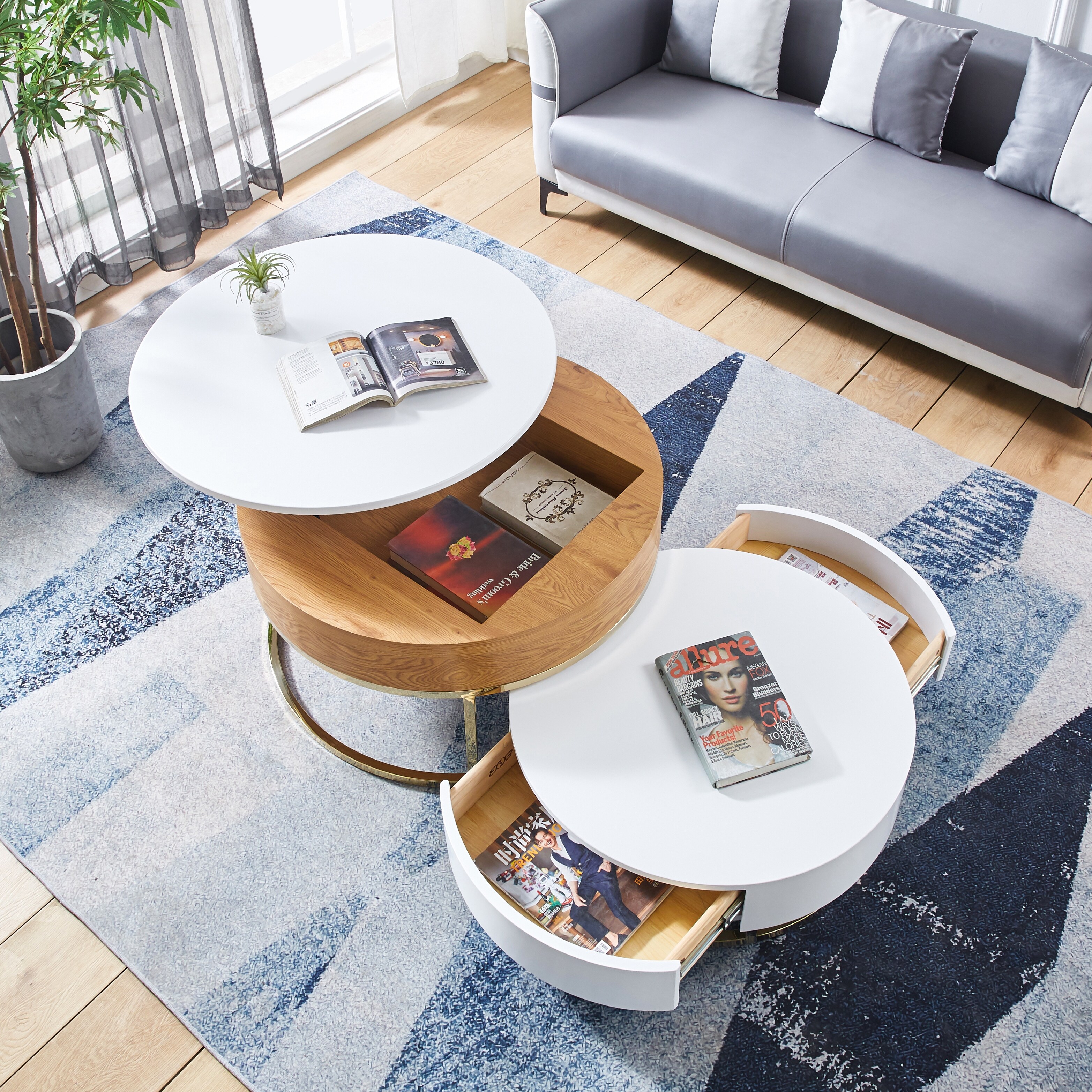 Modern Nesting Mdf Coffee Table Set Of 2， Round White End Table with Gold Finish Metal Base for Living Room - Mycitystee