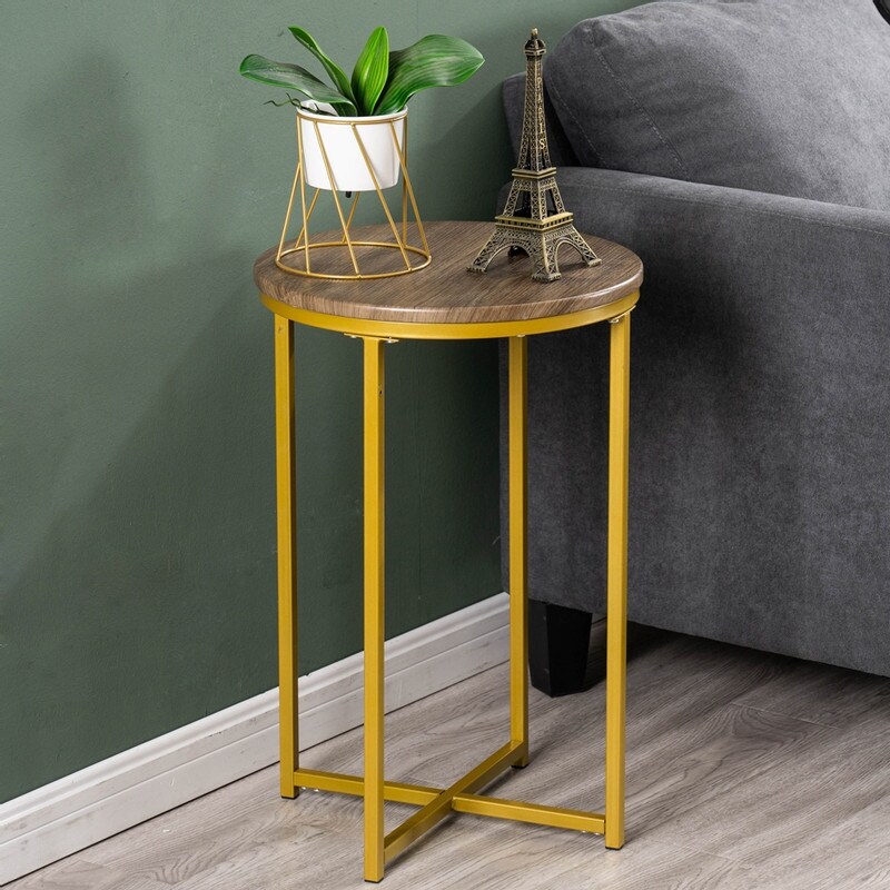 Simple Wood Top Round Metal Coffee Table for Living Room Gold - Mycitystee