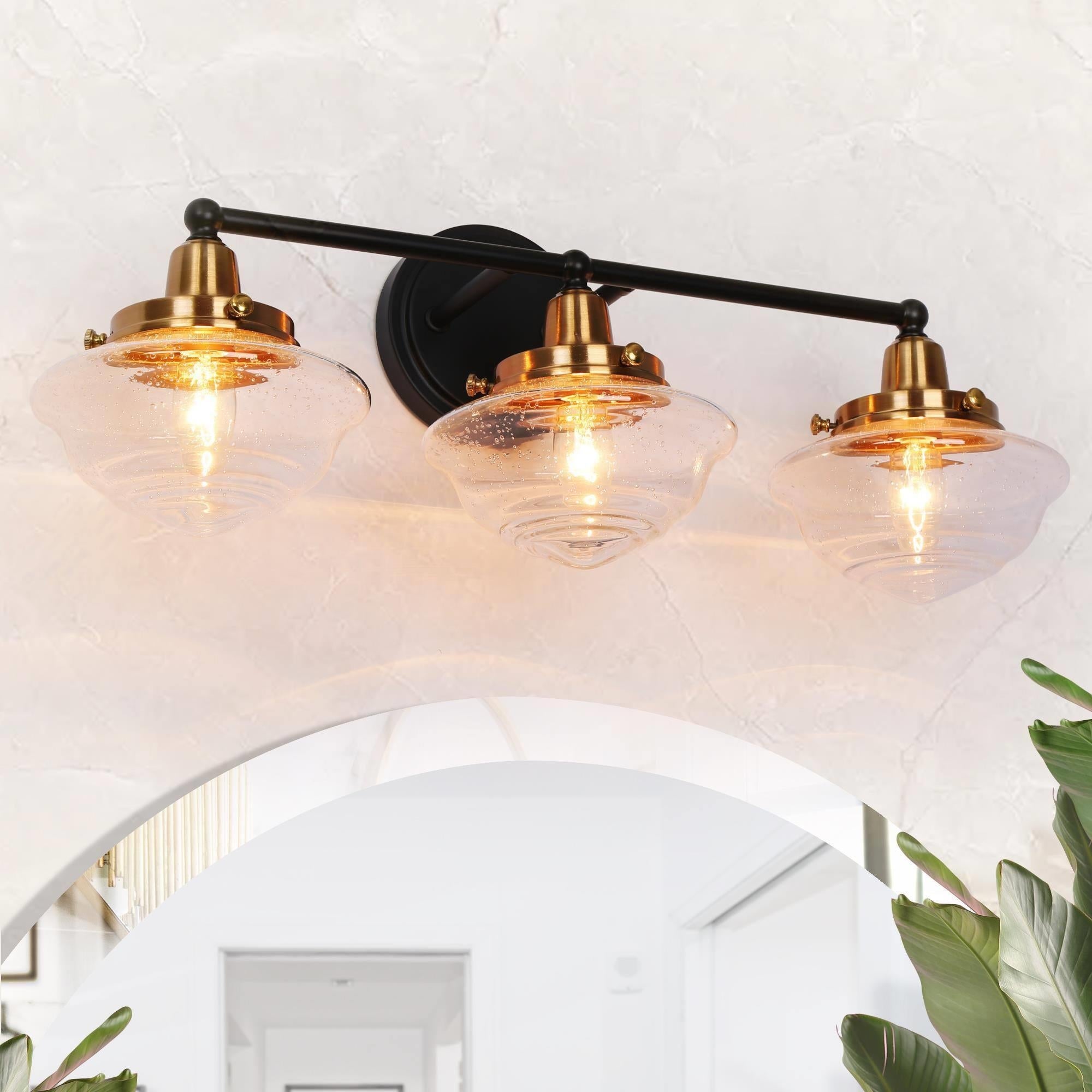 Rumar Modern Black Gold Bathroom Vanity Light 3-Light Wall Sconces with Seeded Glass - 22.8'' L x 8.3'' W x 9'' H - Mycitystee