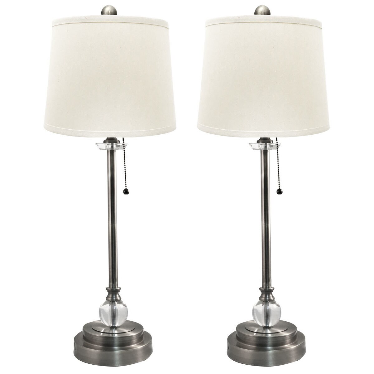 Royal Designs Set of 2 Buffet Lamps in Brush Nickel with Linen White Hard Back Lamp Shades - 27