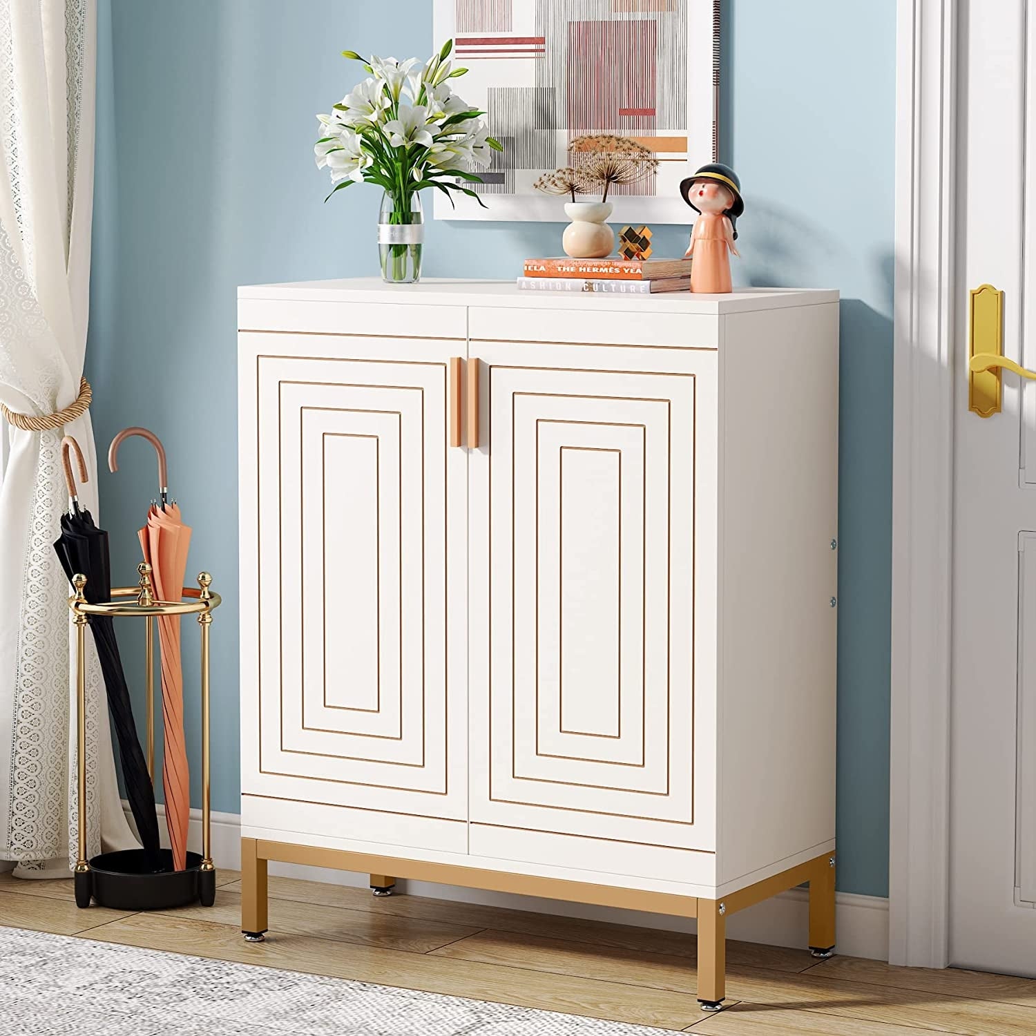 20 Pairs Shoe Storage Cabinet for Entryway， Freestanding Shoe Rack Organizer - White/Gold - - 36861342 - Mycitystee