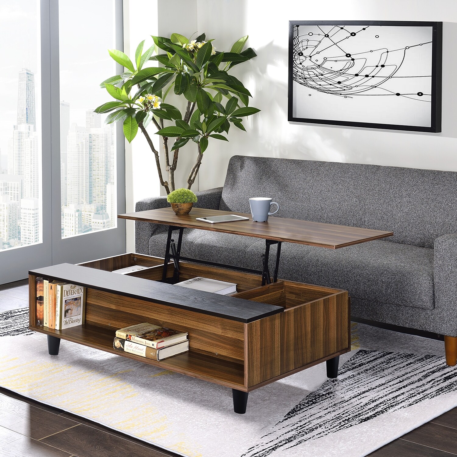 Walnut Solid Wood Lift Top Coffee Table with Storage|Walnut - Mycitystee