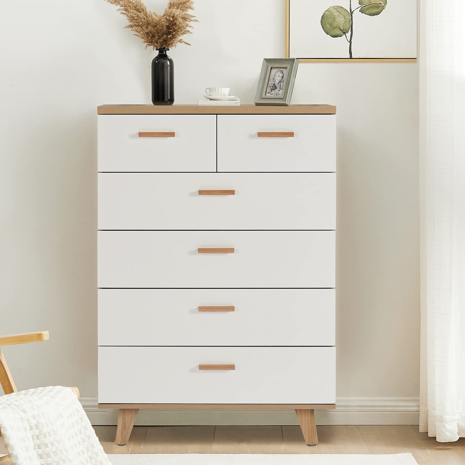 6 Drawer White Dresser for Bedroom， Wood Storage Organizer Tall Dresser， Modern Drawer Chest， Nursery Dresser - as picture - - 37668465 - Mycitystee