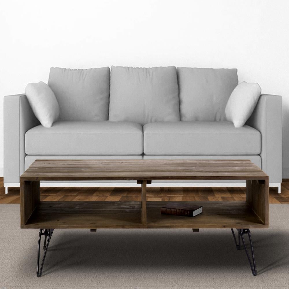 Betsy 42 Inch Reclaimed Wood Rectangle Farmhouse Coffee Table With Storage， Iron Legs， Natural Brown - 18 H x 42 W x 23 L Inche - Mycitystee