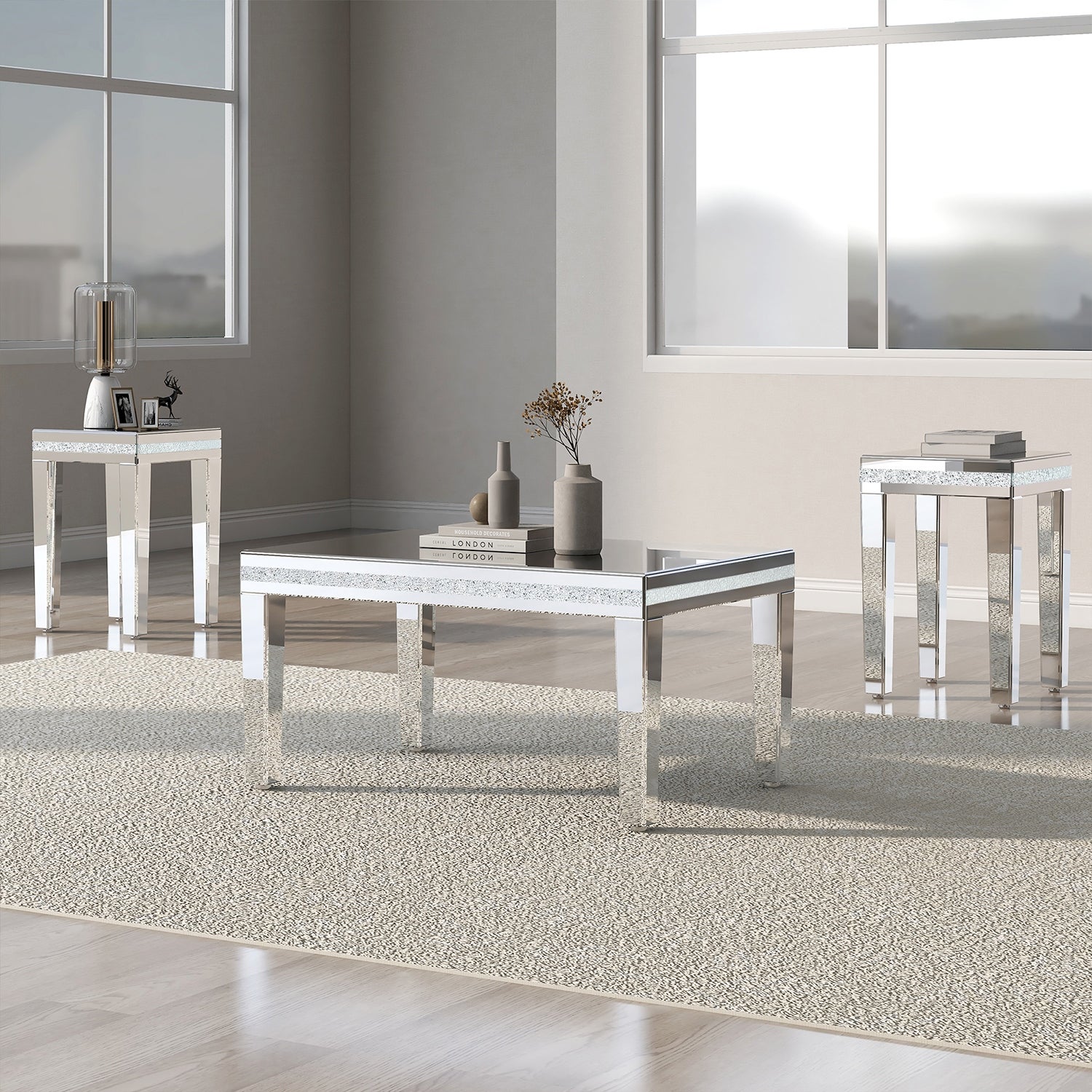 Modern Glass Mirrored Table Set with Coffee Table and 2 End Tables - Mycitystee