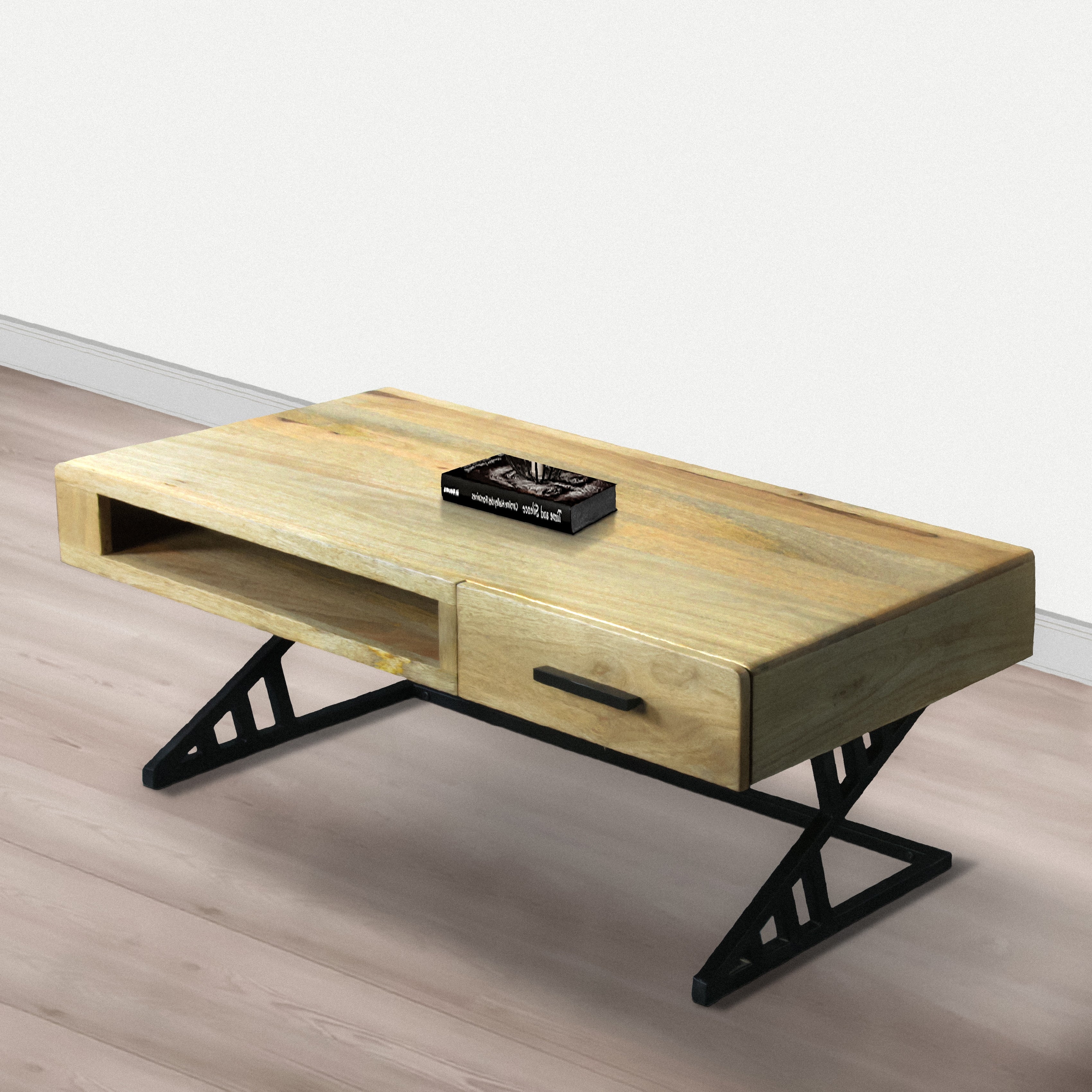 40 Inch Industrial Mango Wood Coffee Table， 1 Drawer， Iron Frame， Light Brown and Black - Mycitystee