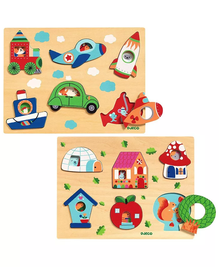 DJECO Things-That-Go Animal Homes Colorful Wooden Puzzles - Set of 2 Puzzles - Mycitystee