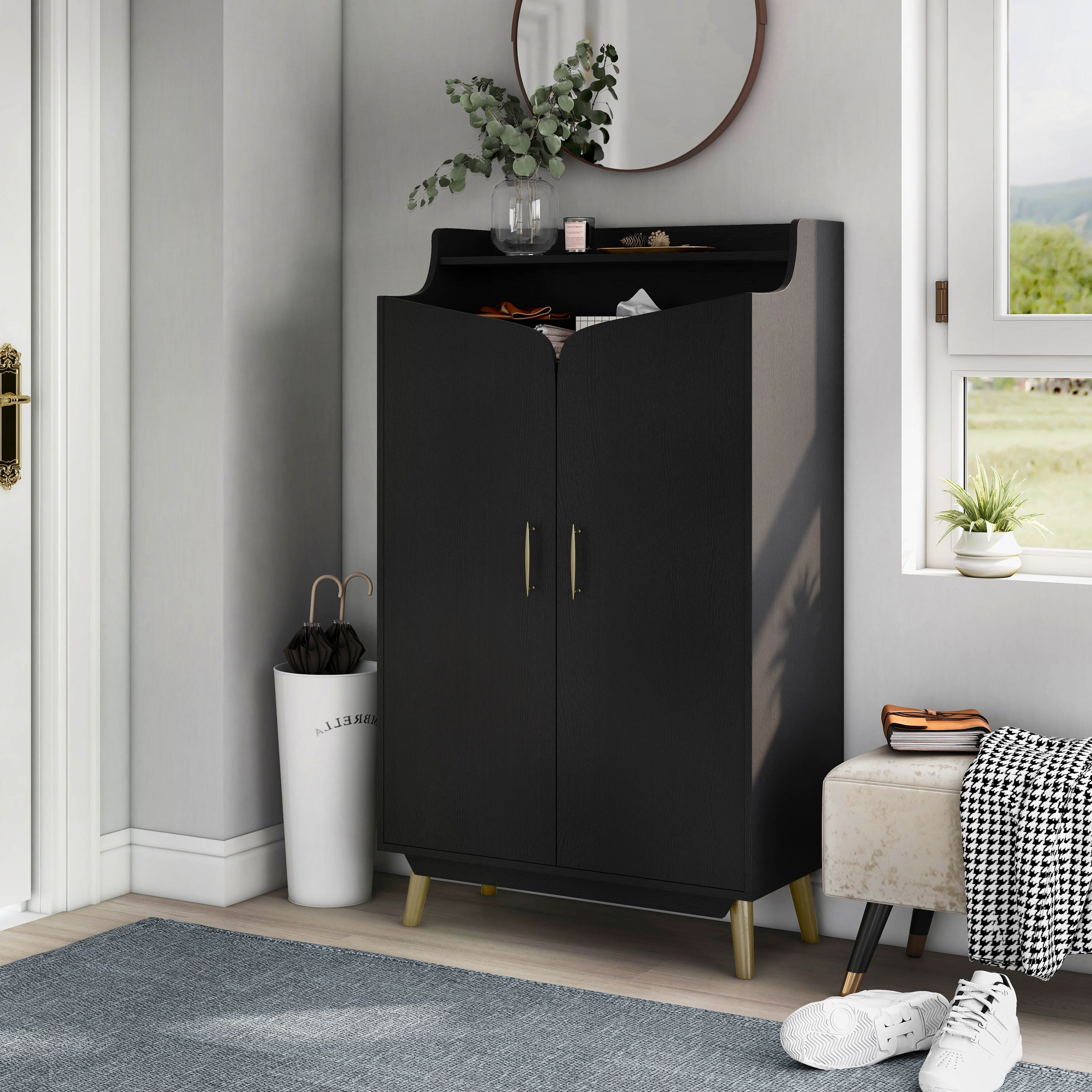 DH BASIC Chic Black with Gold 15-Pair Double-Door Shoe Cabinet by Denhour - - 35517978 - Mycitystee