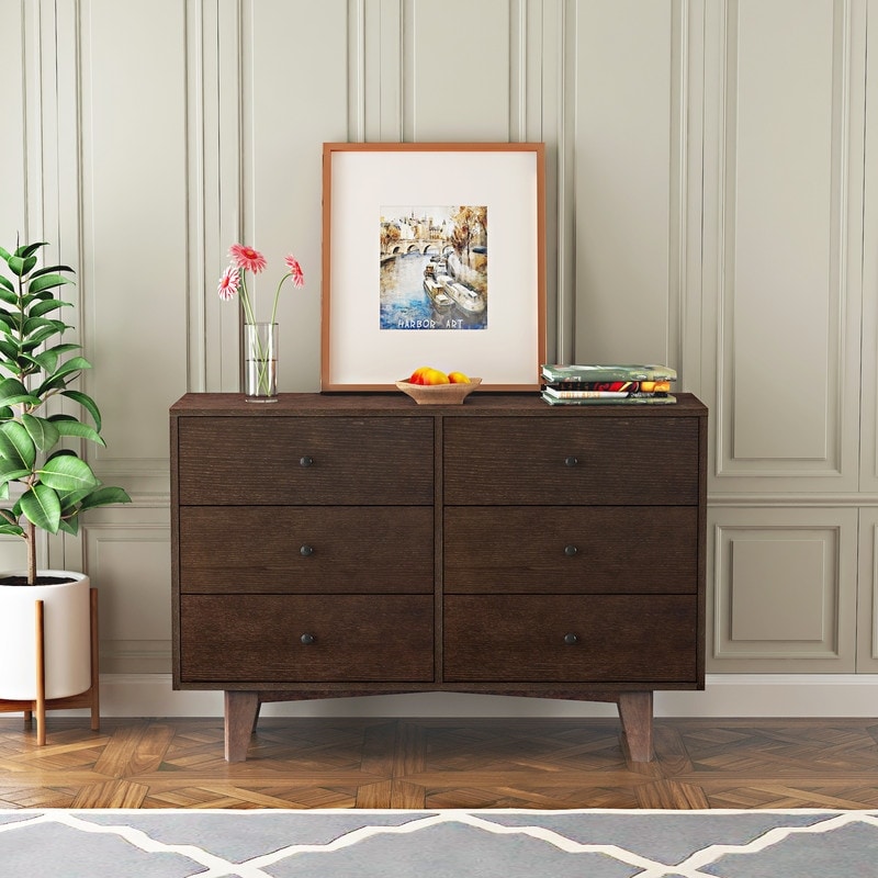 6-Drawer Wood Storage Cabinet Dresser with Round Handle， Antique Auburn - - 37853061 - Mycitystee