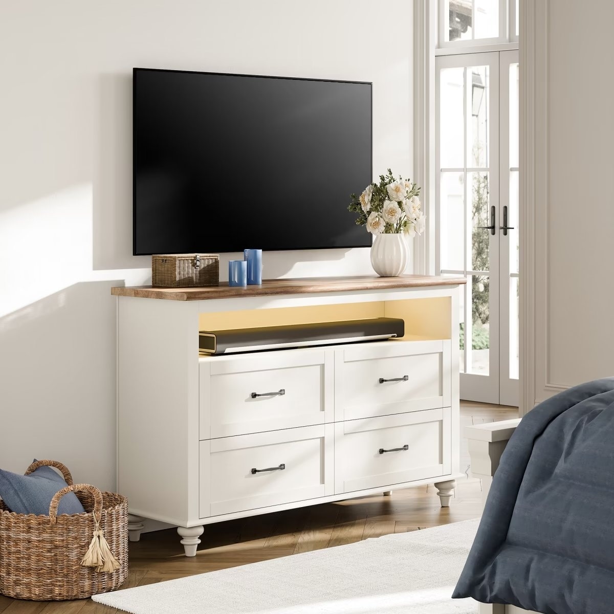 White Dresser for Bedroom with 4 Drawer and Yellow LED Light - - 37176675 - Mycitystee