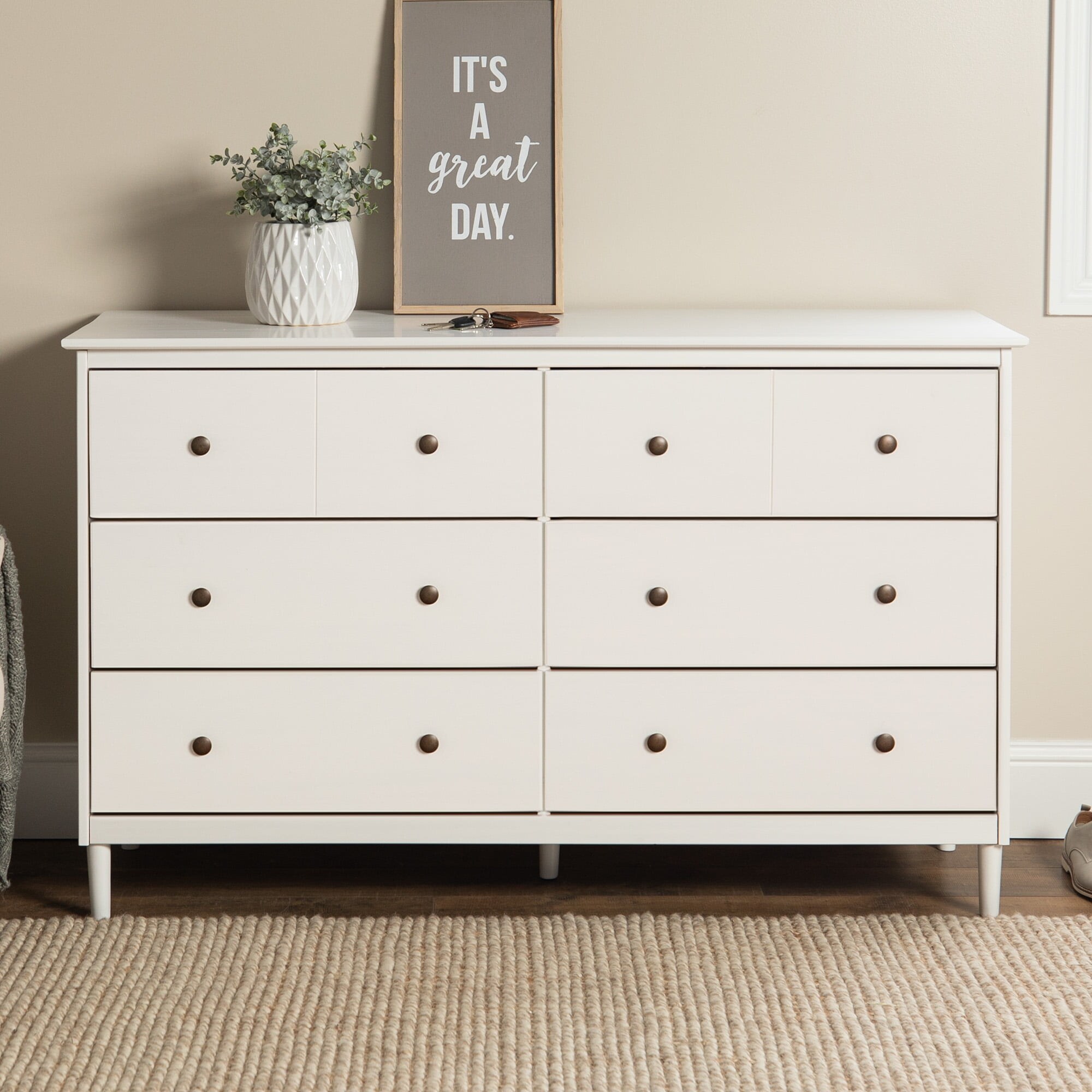 Mid-Century Modern 6-Drawer Solid Wood Dresser， White - - 36293800 - Mycitystee