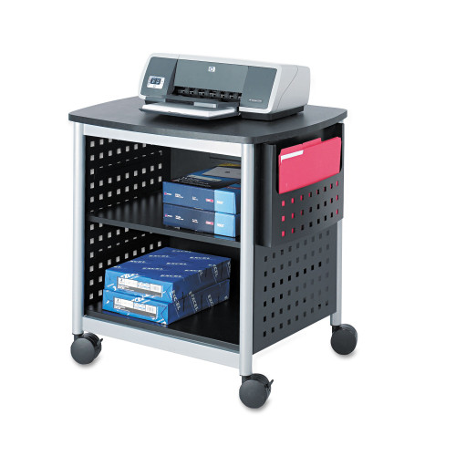 Safco Scoot Deskside Printer Stand， File Pocket， Metal， 3 Shelves， 1 Bin， 200 lb Capacity， 26.5 x 20.5 x 26.5， Black/Silver (1856BL) - Mycitystee