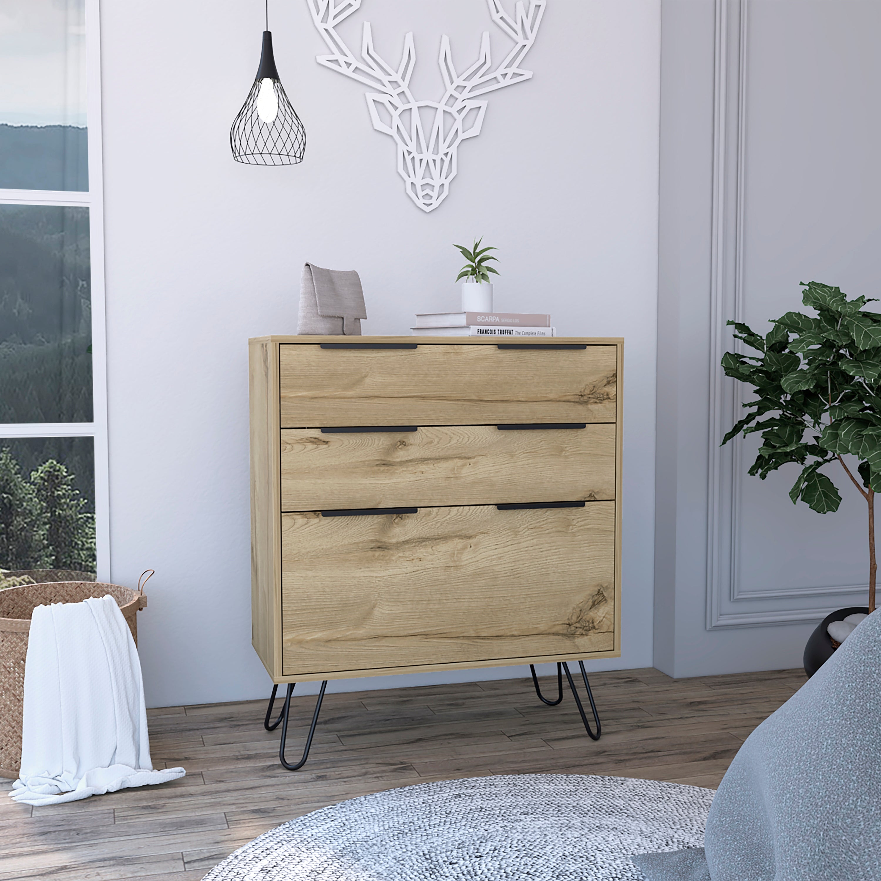 Praga Modern Bedroom Dresser with Three Drawers， Four Steel Legs - - 35470485 - Mycitystee