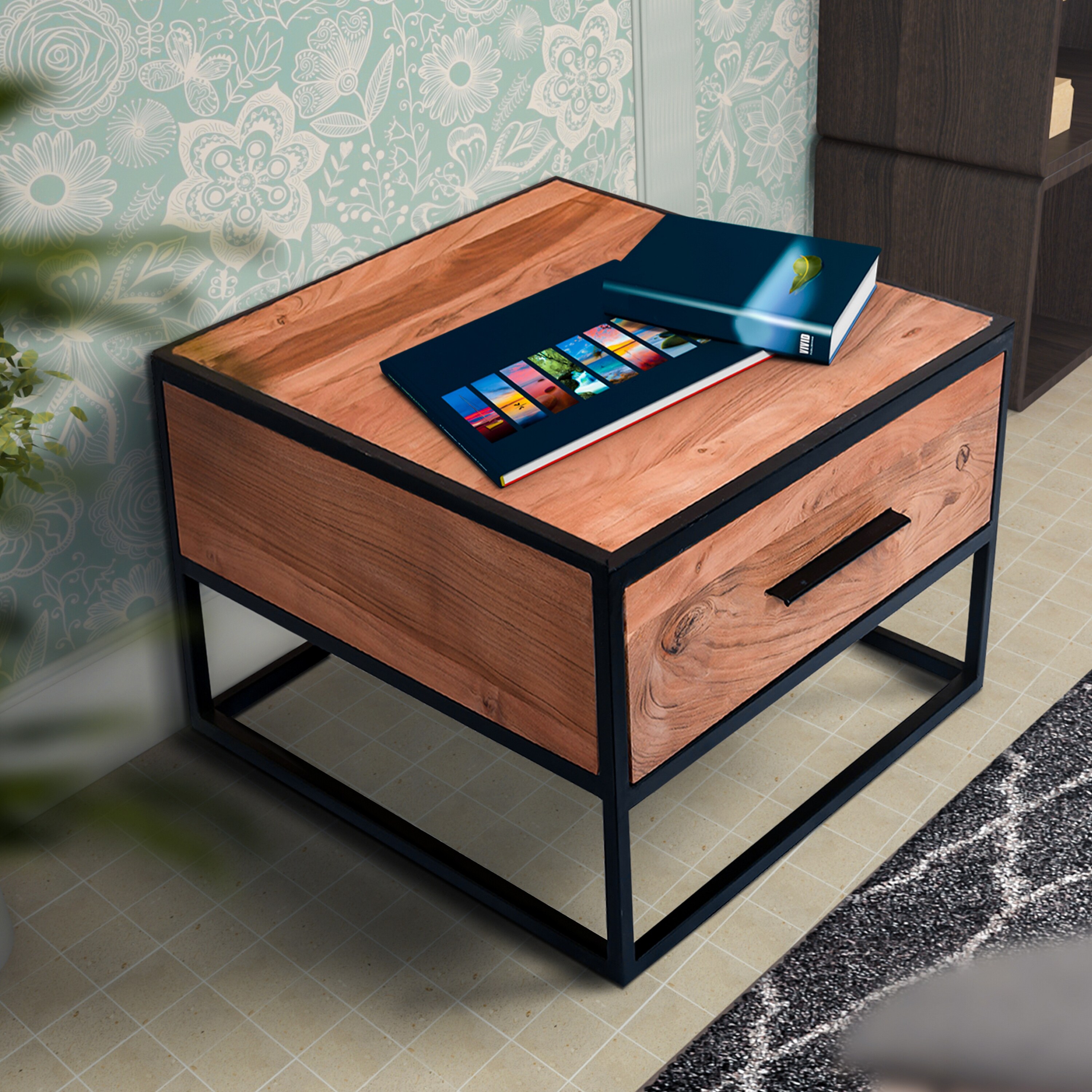 26 Inch Handcrafted Acacia Wood Accent Side End Table， Metal Frame， 1 Drawer， Black and Brown - Mycitystee