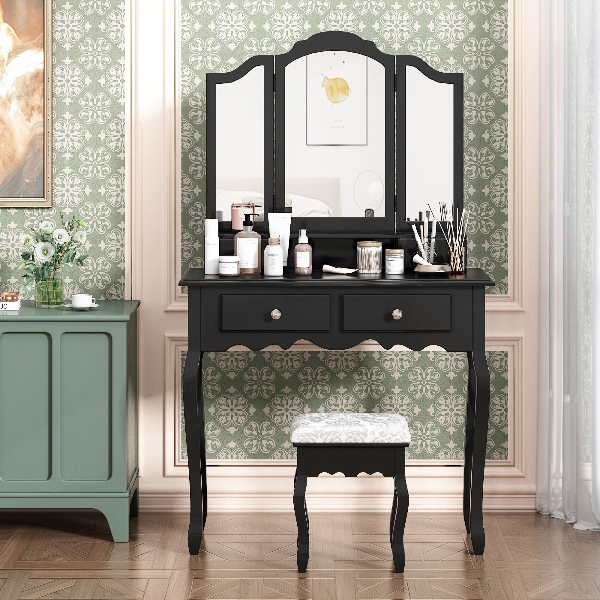 Wooden Dresser With Stool and 4 Drawers - - 35546020 - Mycitystee