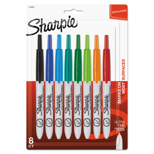 Sharpie Retractable Permanent Marker， Extra-Fine Needle Tip， Assorted Colors， 8/Set (1742025) - Mycitystee
