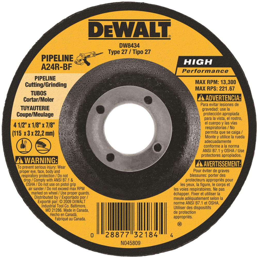 DEWALT 4-1/2 In. x 1/8 In. x 7/8 In. High Performance Pipeline Wheel DW8434 from DEWALT - Mycitystee