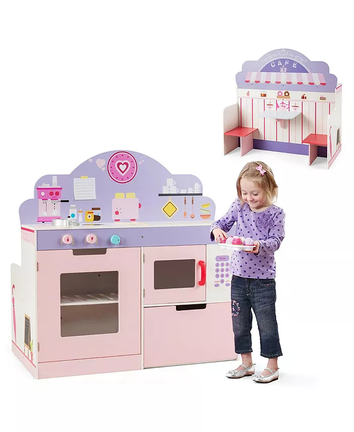 Costway 2 in 1 Kids Play Kitchen Cafe Restaurant Wooden Pretend Cooking Playset Toy - Mycitystee