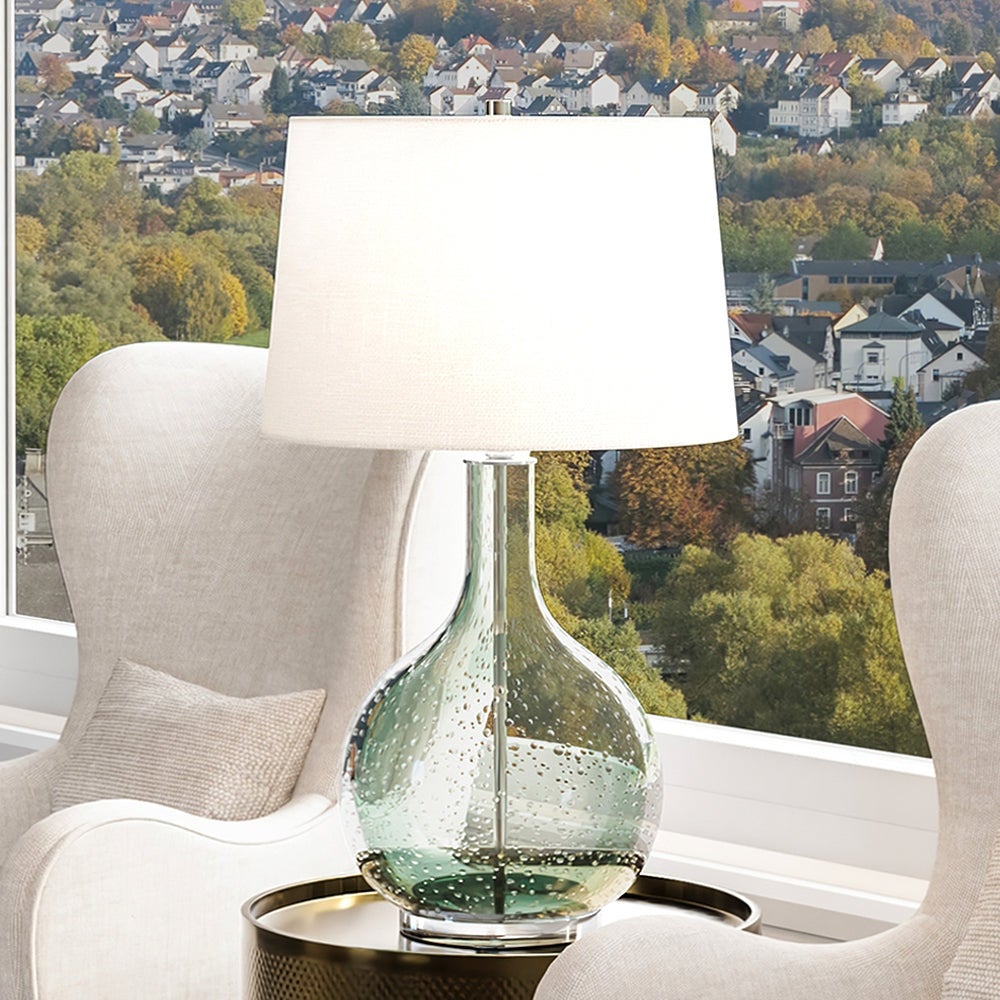 Luxury Contemporary Table Lamp， 16''W x 16''D x 28''H， with Modern-Farmhouse Elements， Clear Green Finish and a Burlap Shade - Mycitystee