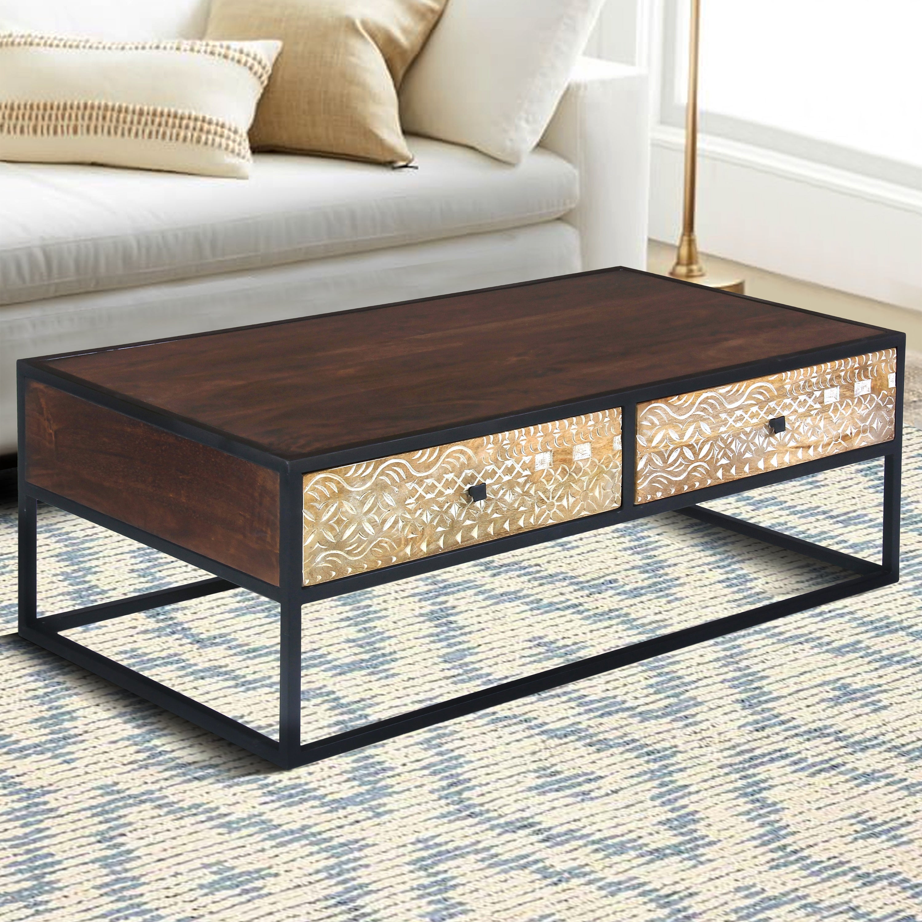 45 Inch Carson Rectangular Mango Wood Coffee Table with Metal Frame and 2 Drawers， Brown and Black - Mycitystee