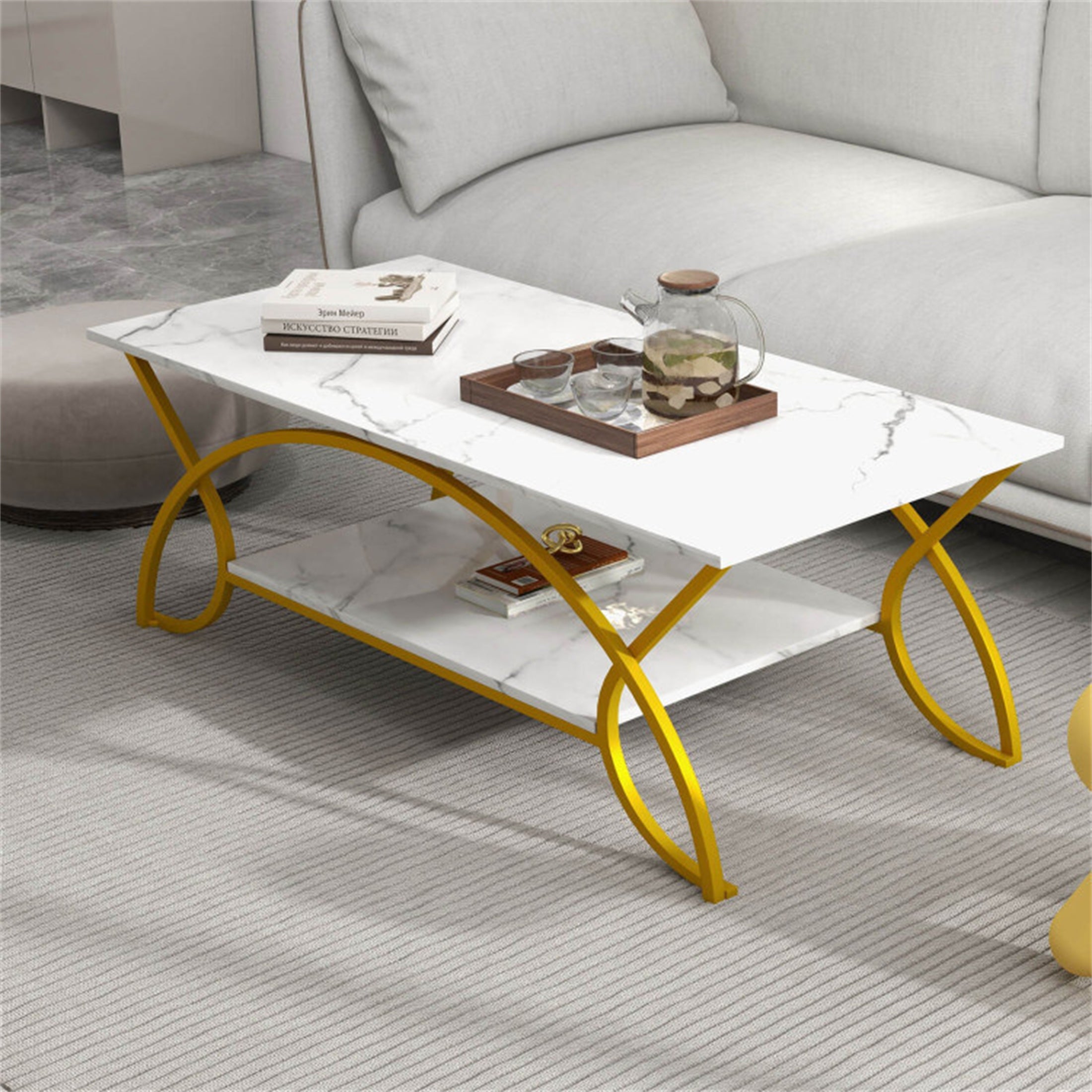 2-Tier Faux Marble Coffee Table with Metal Frame - Mycitystee