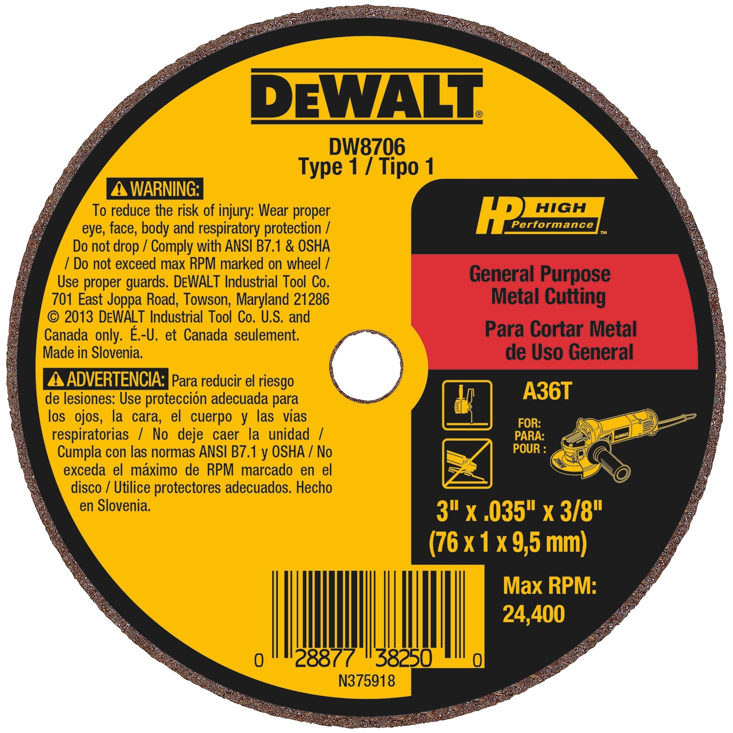 DeWalt 3 in. D X 3/8 in. Aluminum Oxide Cut-Off Wheel - Mycitystee