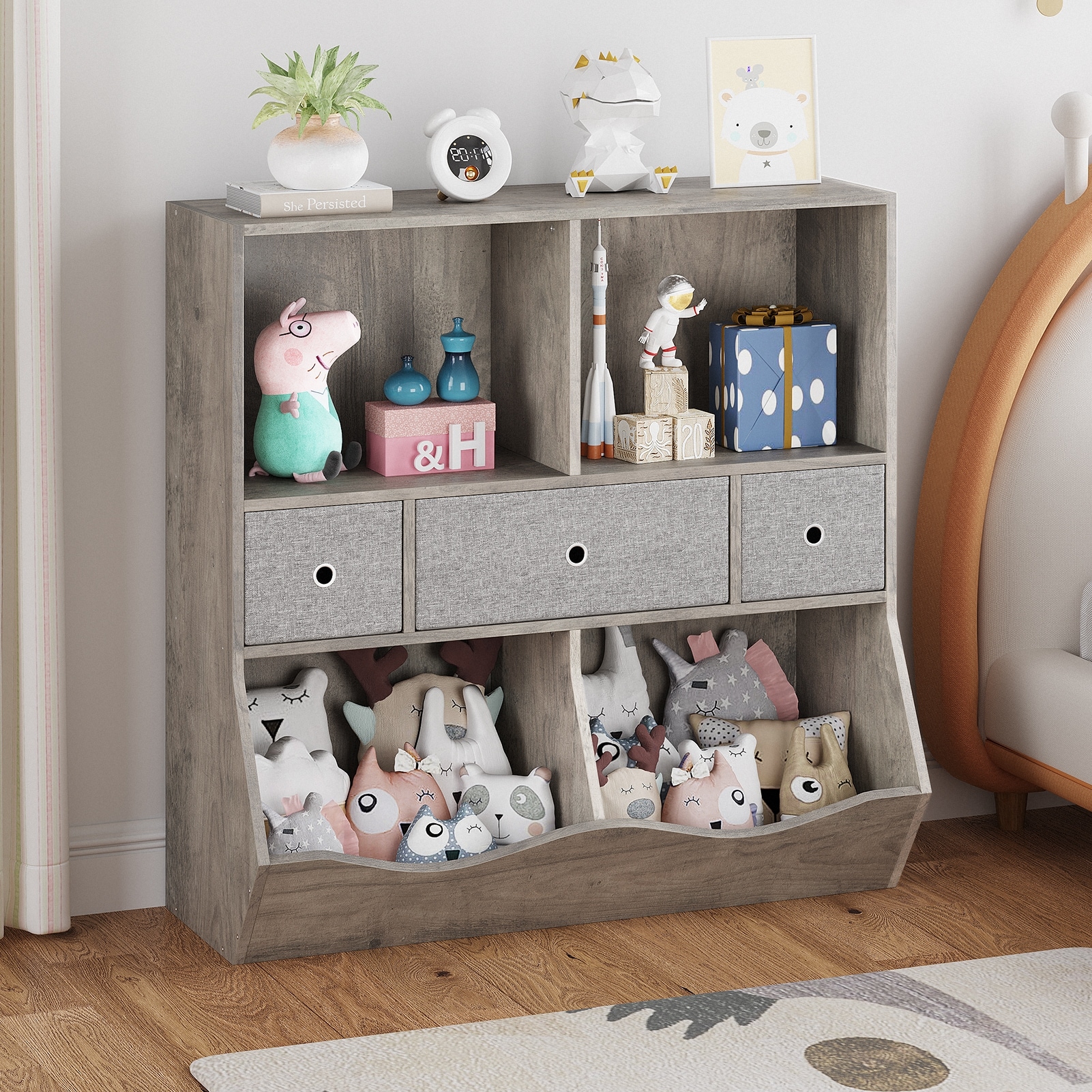 Kids Bookshelf and Bookcase Toy Storage Multi Shelf with Cubby Organizer Cabinet and Drawers - Mycitystee