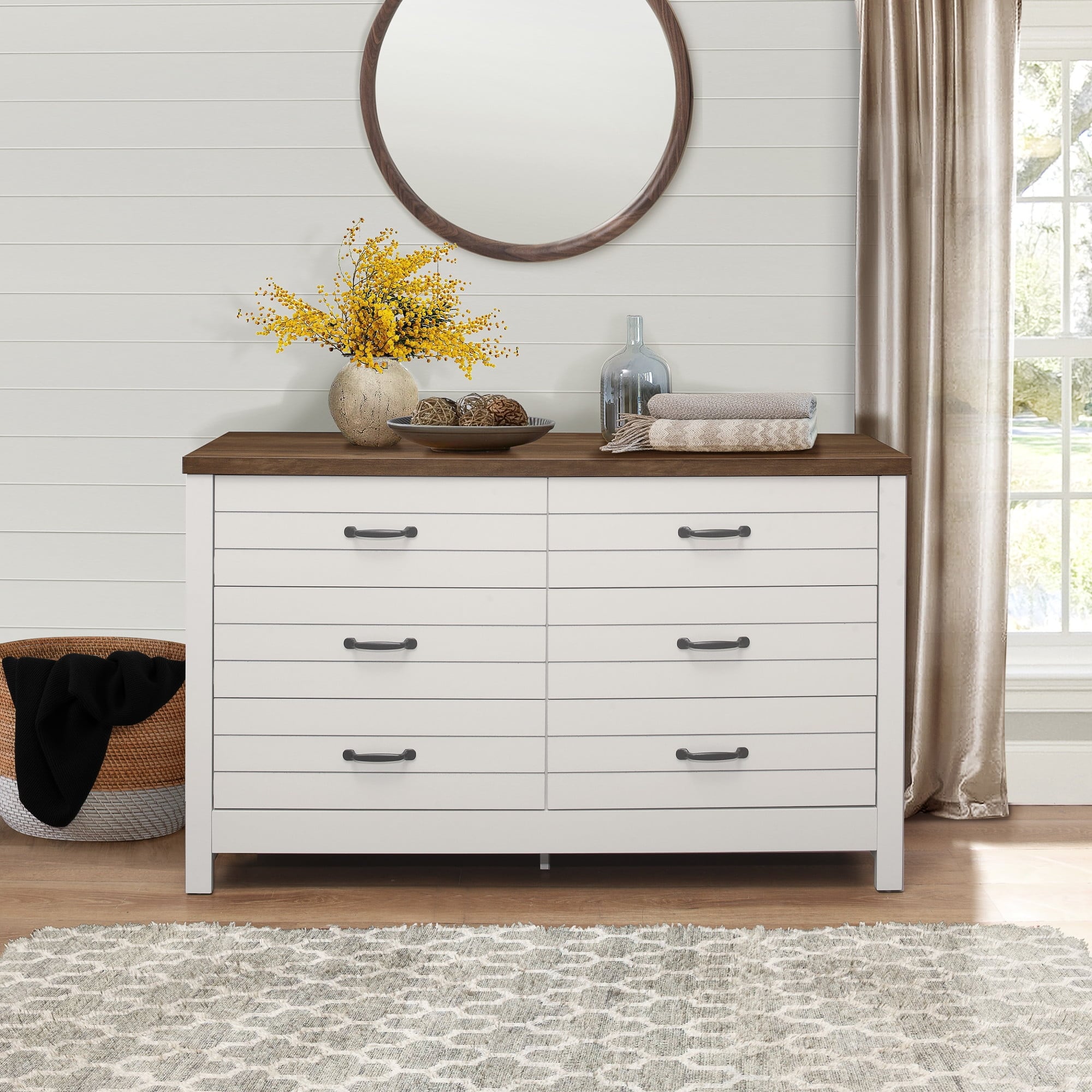 Lancaster Farmhouse Oak Top 6-Drawer Dresser， Ivory - - 36293802 - Mycitystee