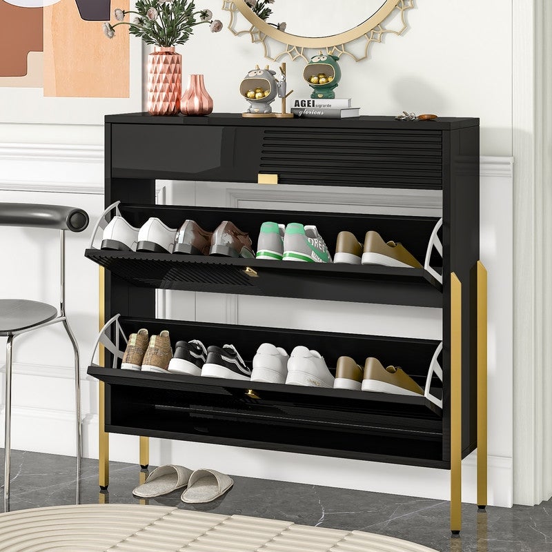 Free Standing Shoe Rack Shoe Cabinet with 2 Flip Drawers，1 Slide Drawer - - 37989639 - Mycitystee