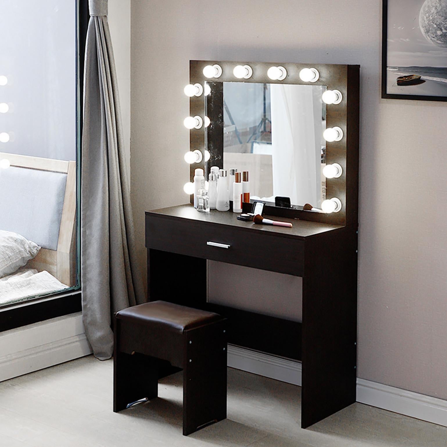 Vanity Set With Lighted Mirror Cushioned Stool Dressing Table Makeup Table - - 34615096 - Mycitystee