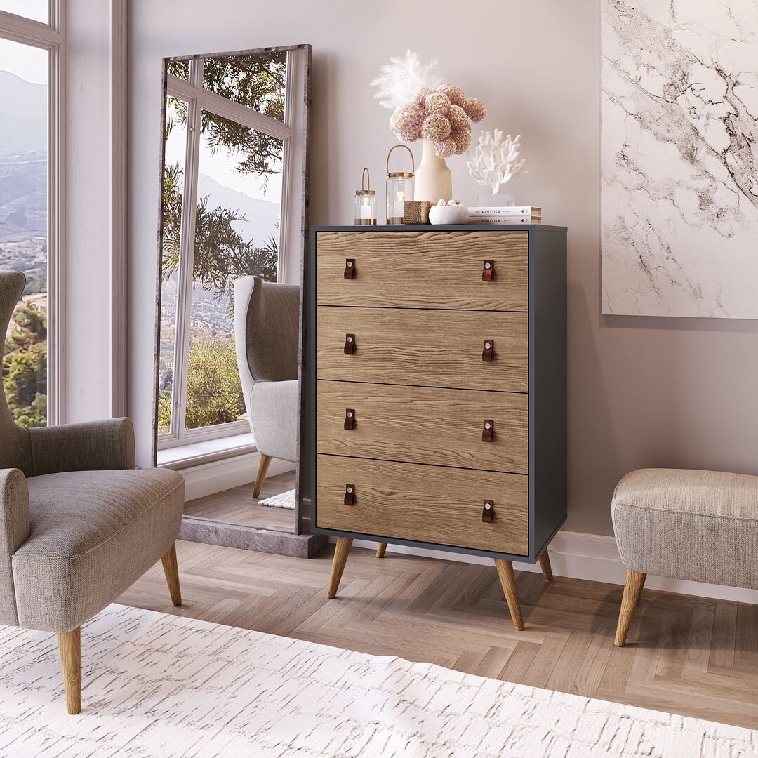 Manhattan Comfort Amber Tall Dresser with Faux Leather Handles in Blue and Nature - - 36909227 - Mycitystee