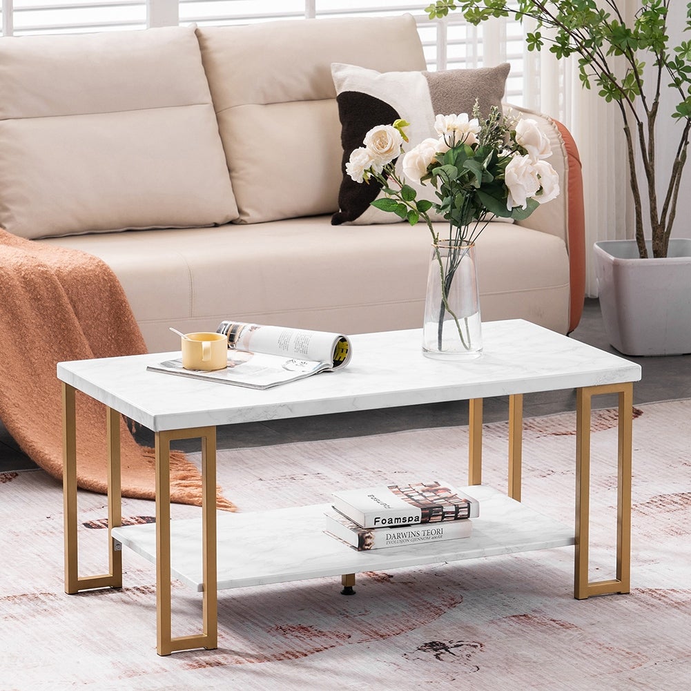 Simple Double-layer Iron Pipe Marble Rectangular Coffee Table - Mycitystee