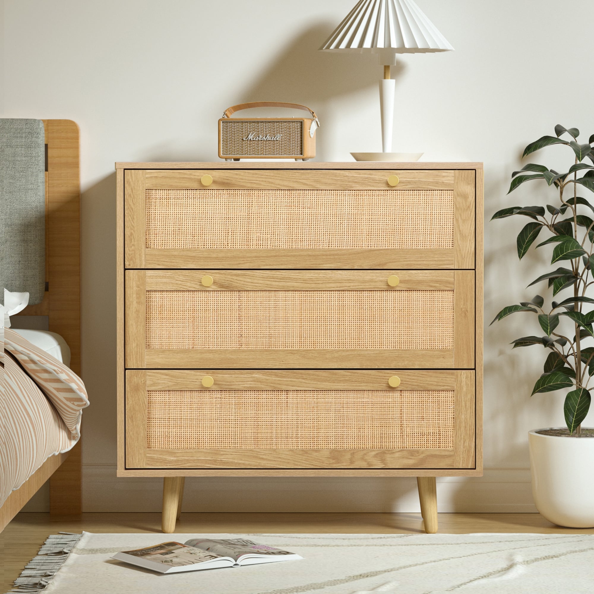 Anmytek 3-Drawer Chest of Drawers with Pine Wood Legs Farmhouse Rattan Dresser Natural Oak Cabinet 31.5 in W. x 35.4 in H. - - 36948039 - Mycitystee
