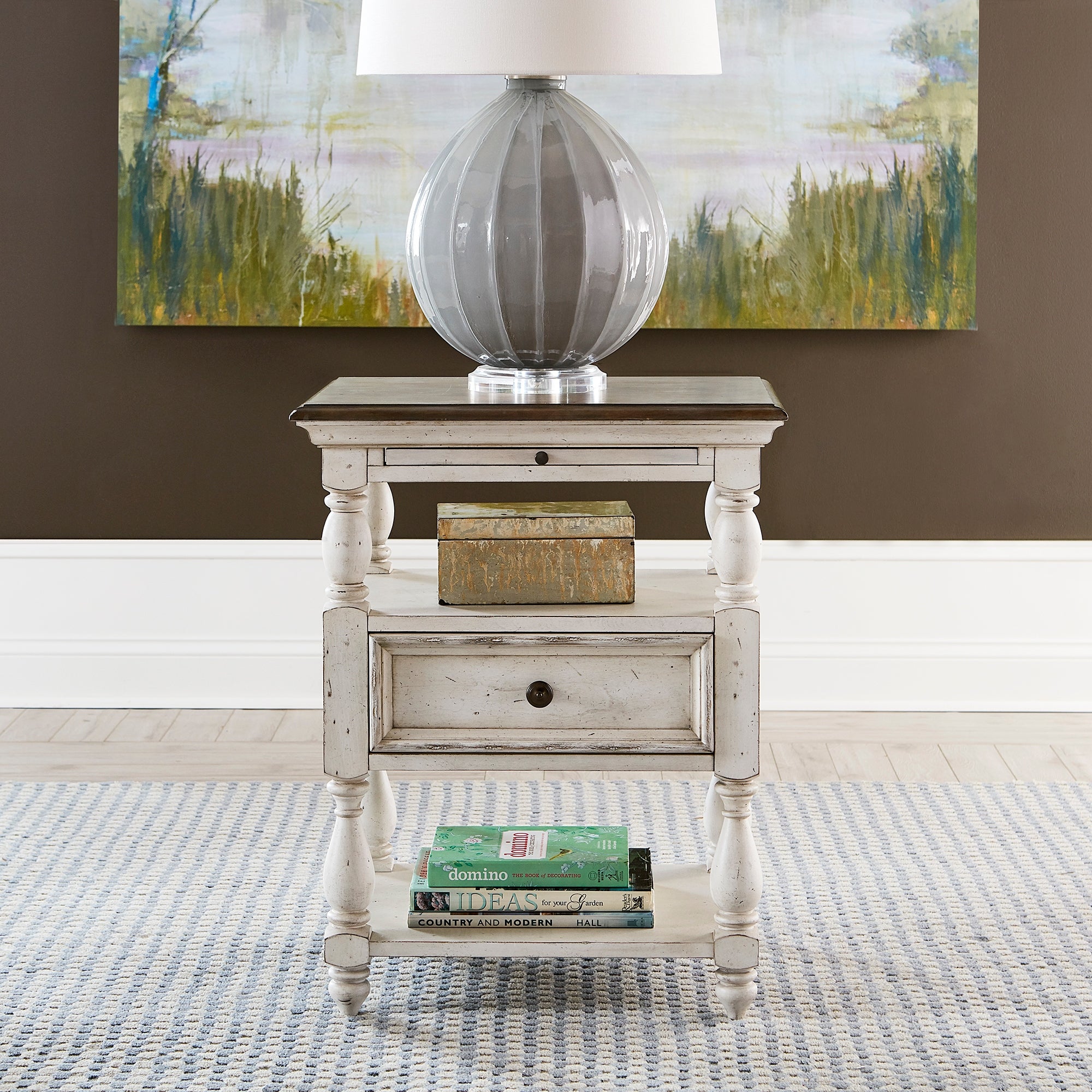 Abbey Road Porcelain White Churchill Brown Drawer End Table - Mycitystee