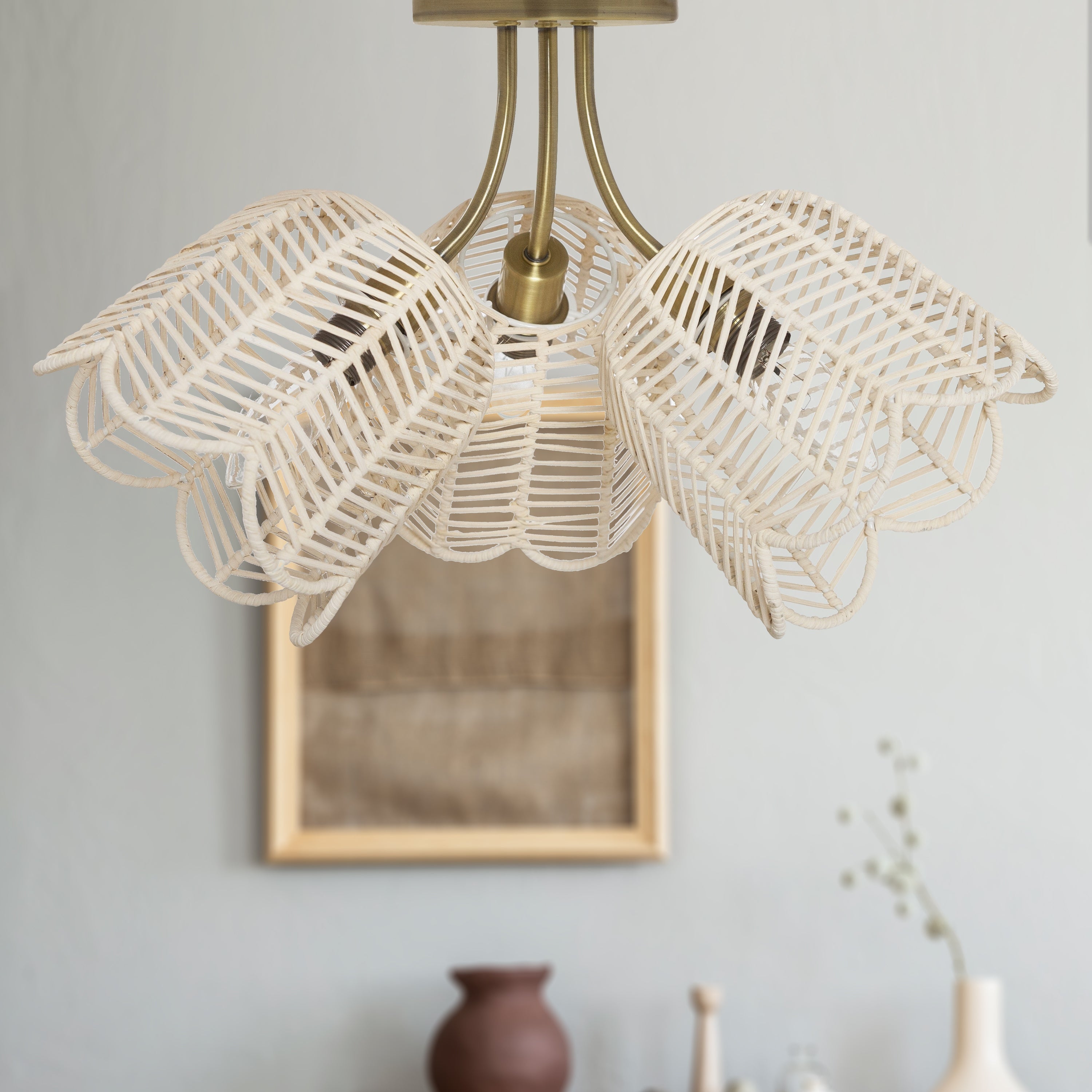Echo River of Goods Gold and White Rattan and Metal Trio-Shade 18-Inch Ceiling Light - 18
