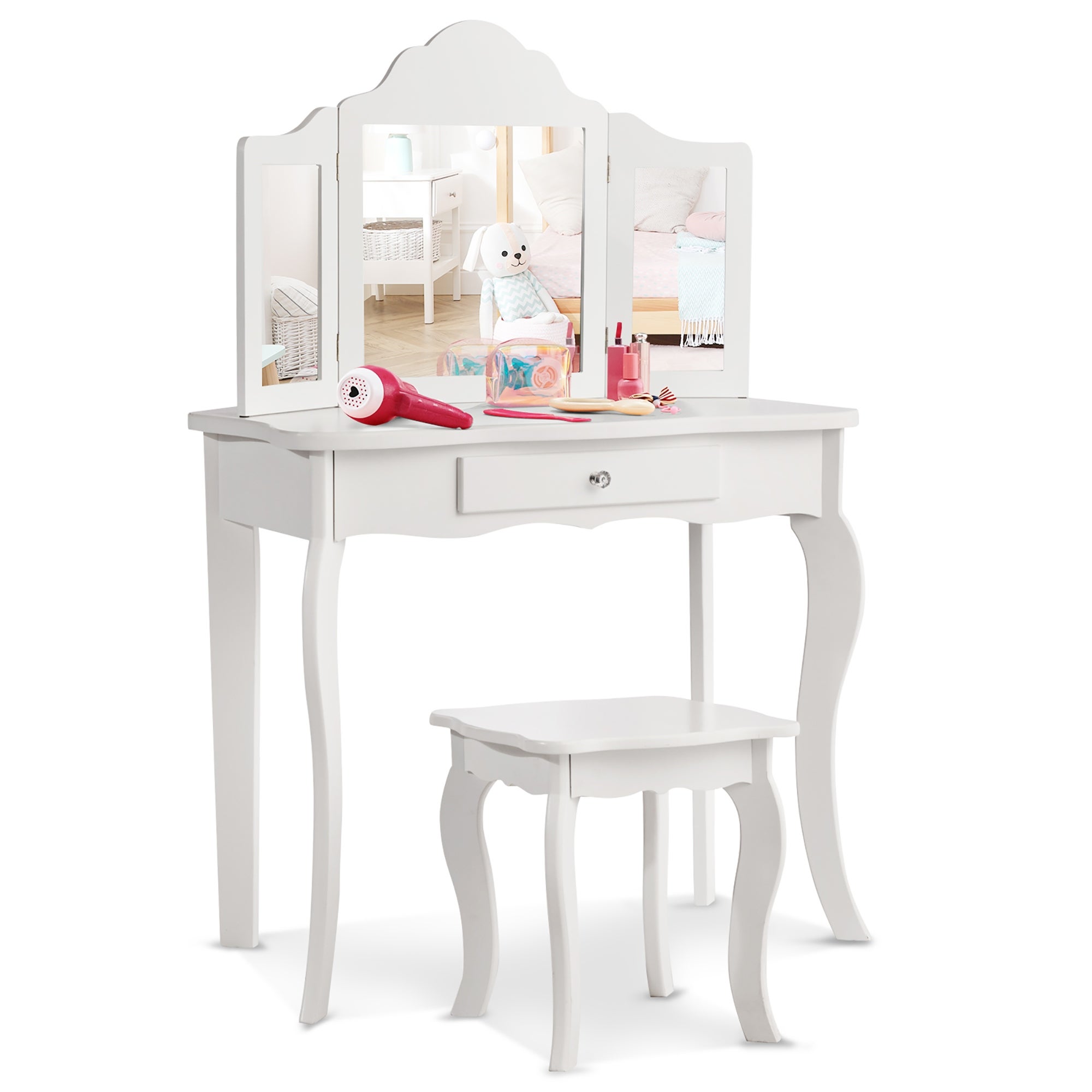 Costway Vanity Table Set Makeup Dressing Table Kids Stool Mirror - - 22391672 - Mycitystee