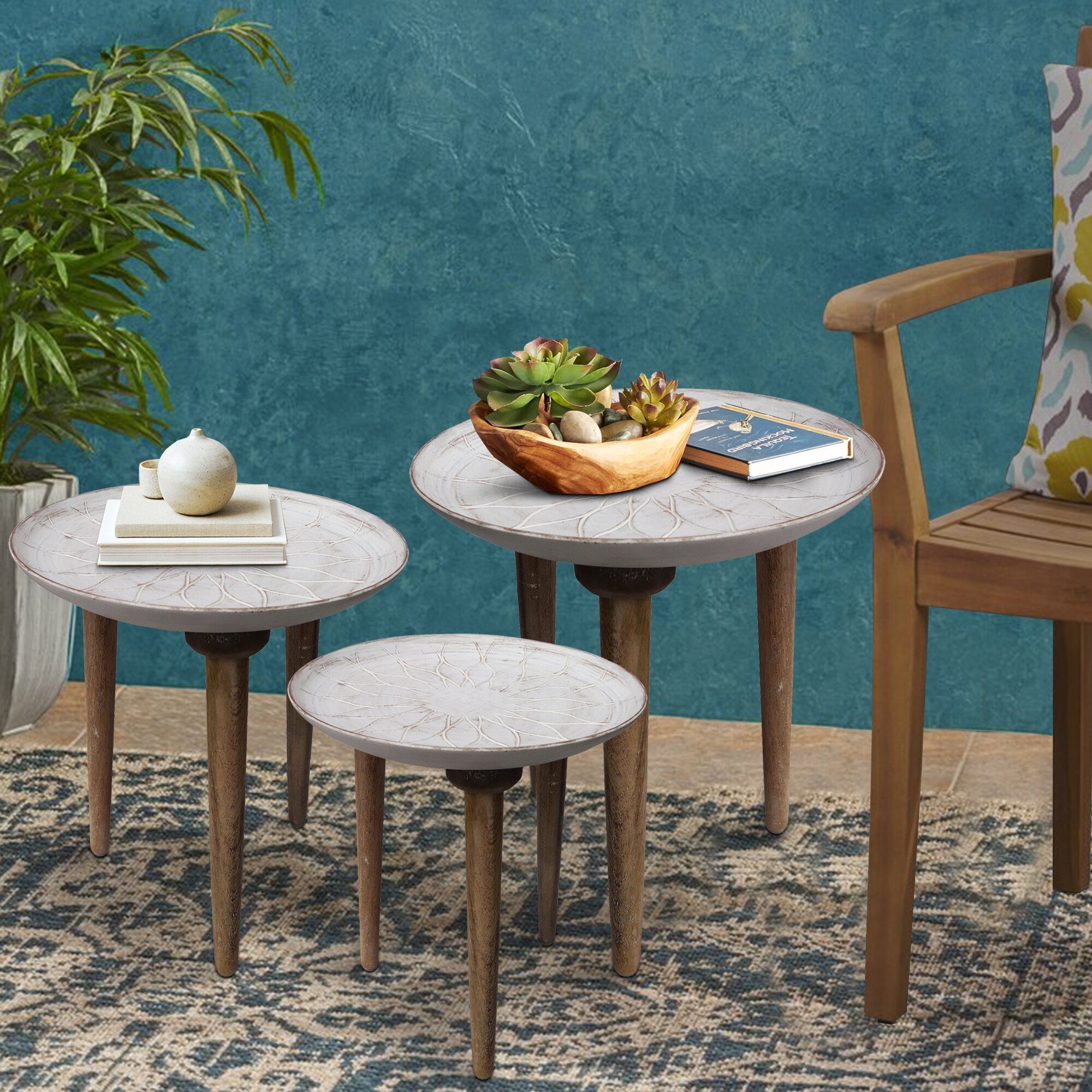 Mango Wood Bowl Top Side End Coffee Table with Angled Tripod Base， Set of 3， White and Brown - Mycitystee