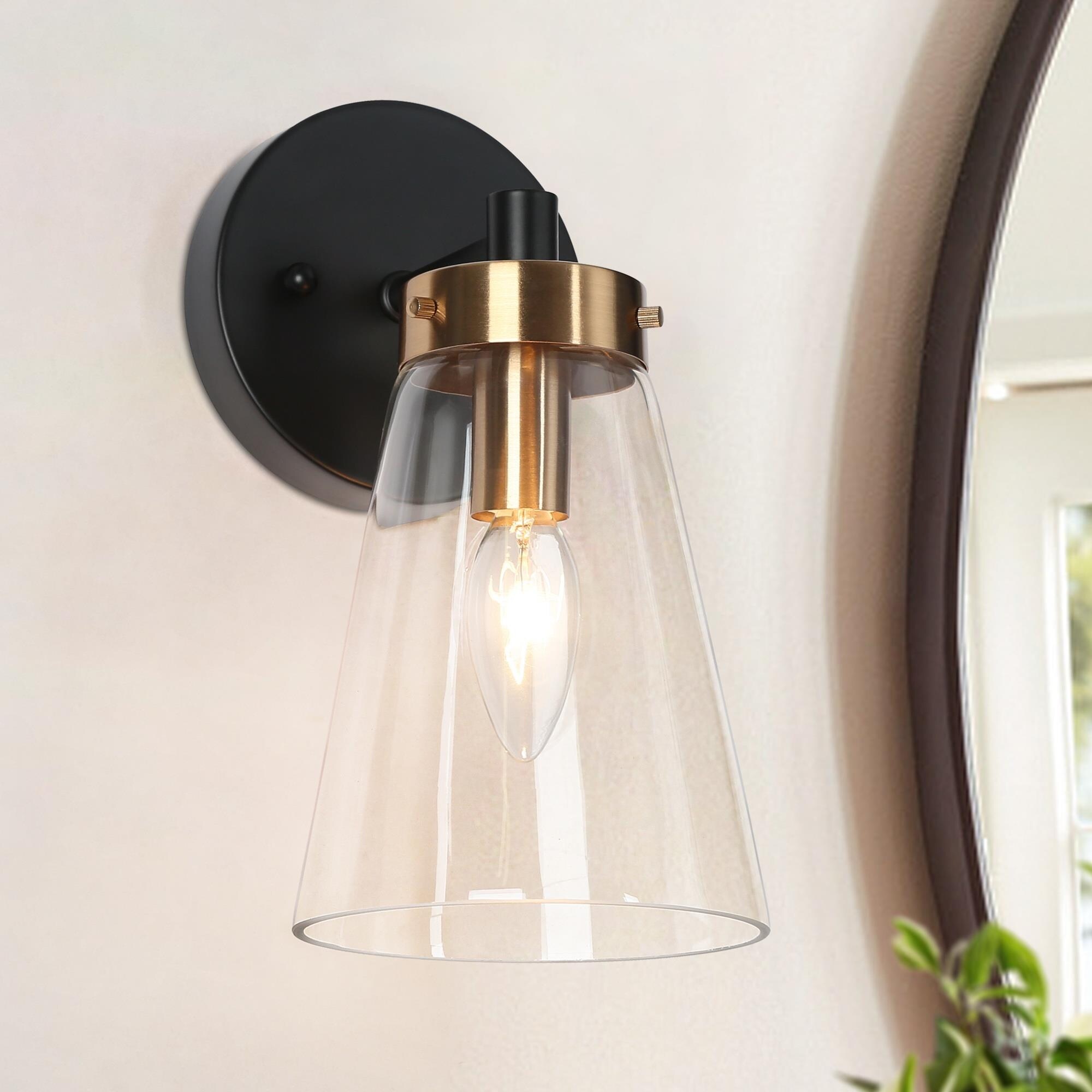 Glint 1-Light Black Gold Armed Wall Sconce Clear Glass Bathroom Vanity Light - 5'' L x 6.5'' W x 10'' H - Mycitystee