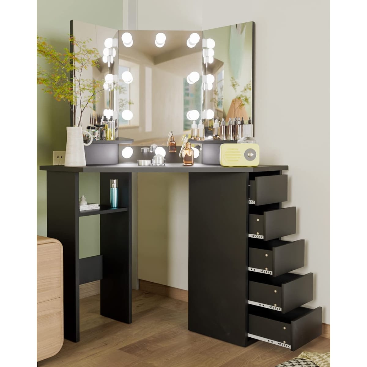 Makeup Corner Vanity Desk with Drawers Mirror and Lights for Small Space Girls Bedroom Dimmable Lighted Dresser - as picture - - 37668441 - Mycitystee