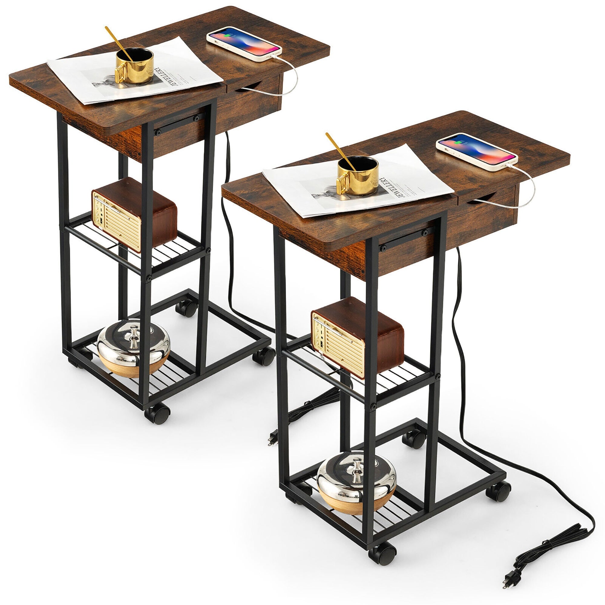 Gymax 2PCS C-Shaped End Side Sofa Table Nightstand Flip-Up Top w/ - Mycitystee