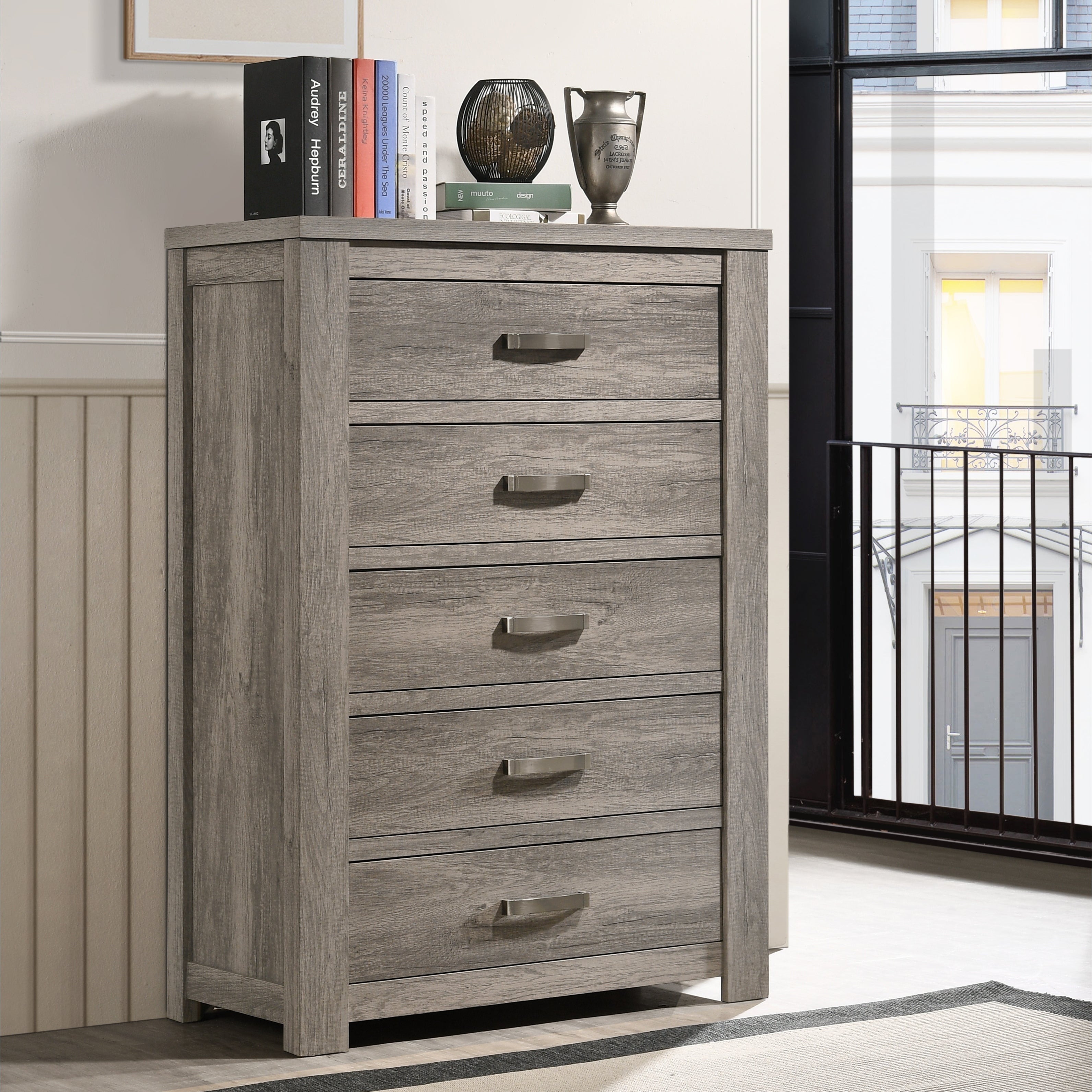 Roundhill Furniture Floren Contemporary Weathered Gray Wood 5-Drawer Chest - - 30933075 - Mycitystee