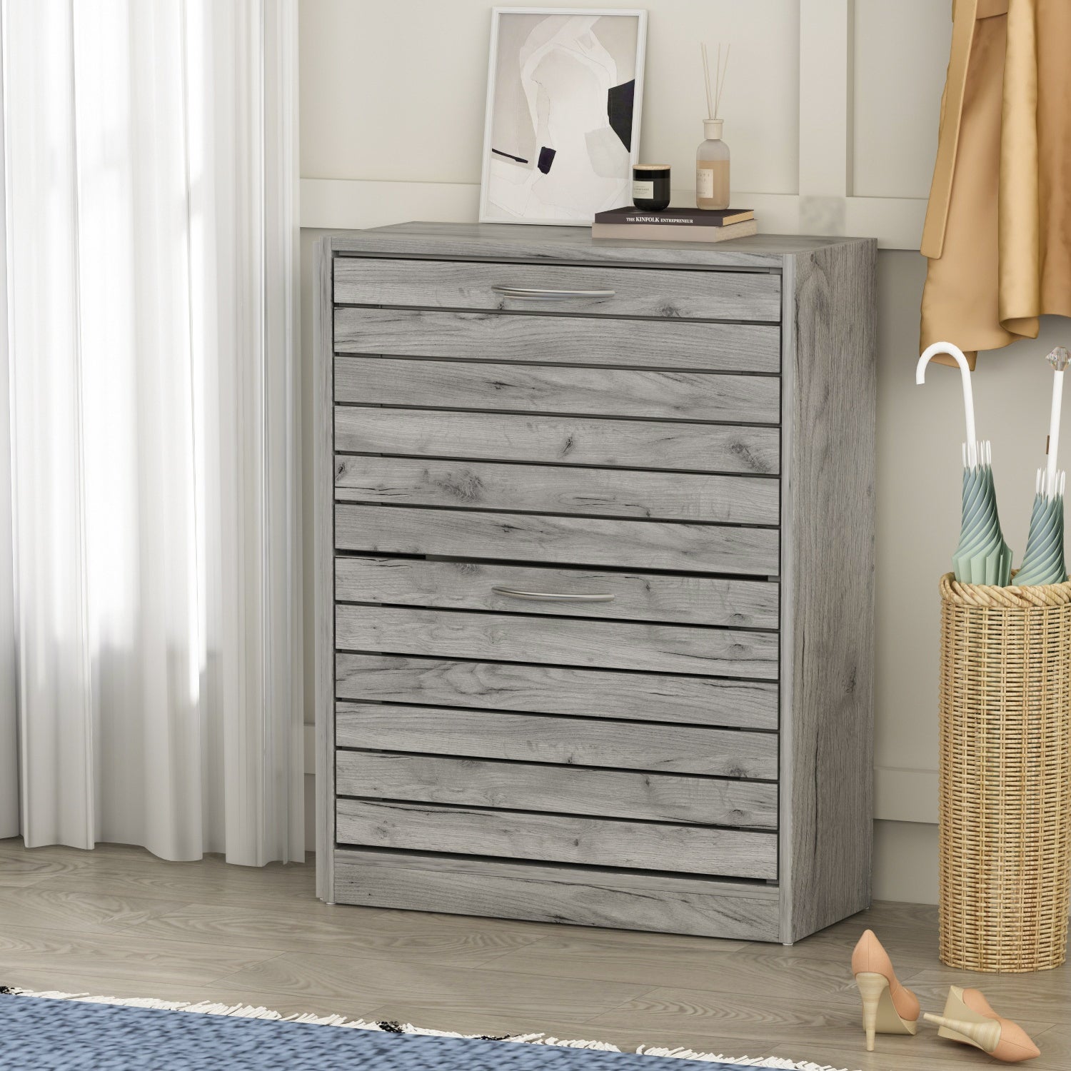 FAMAPY 8 Pair Shoe Storage Cabinet with 2 Drawers， Grey Louver Door - - 35372753 - Mycitystee