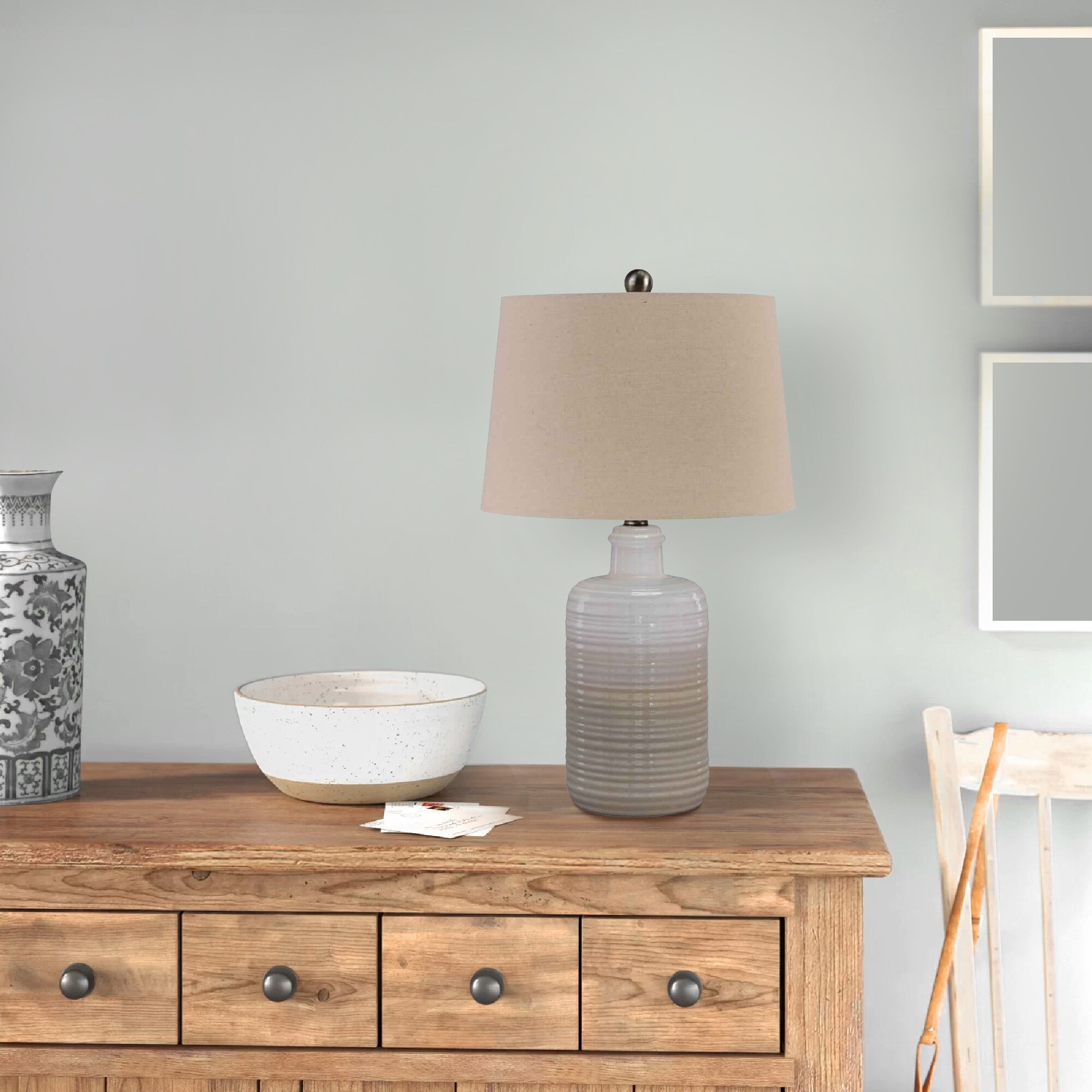 Ceramic Body Table Lamp with Brushed Details， Set of 2， Beige and White - Mycitystee