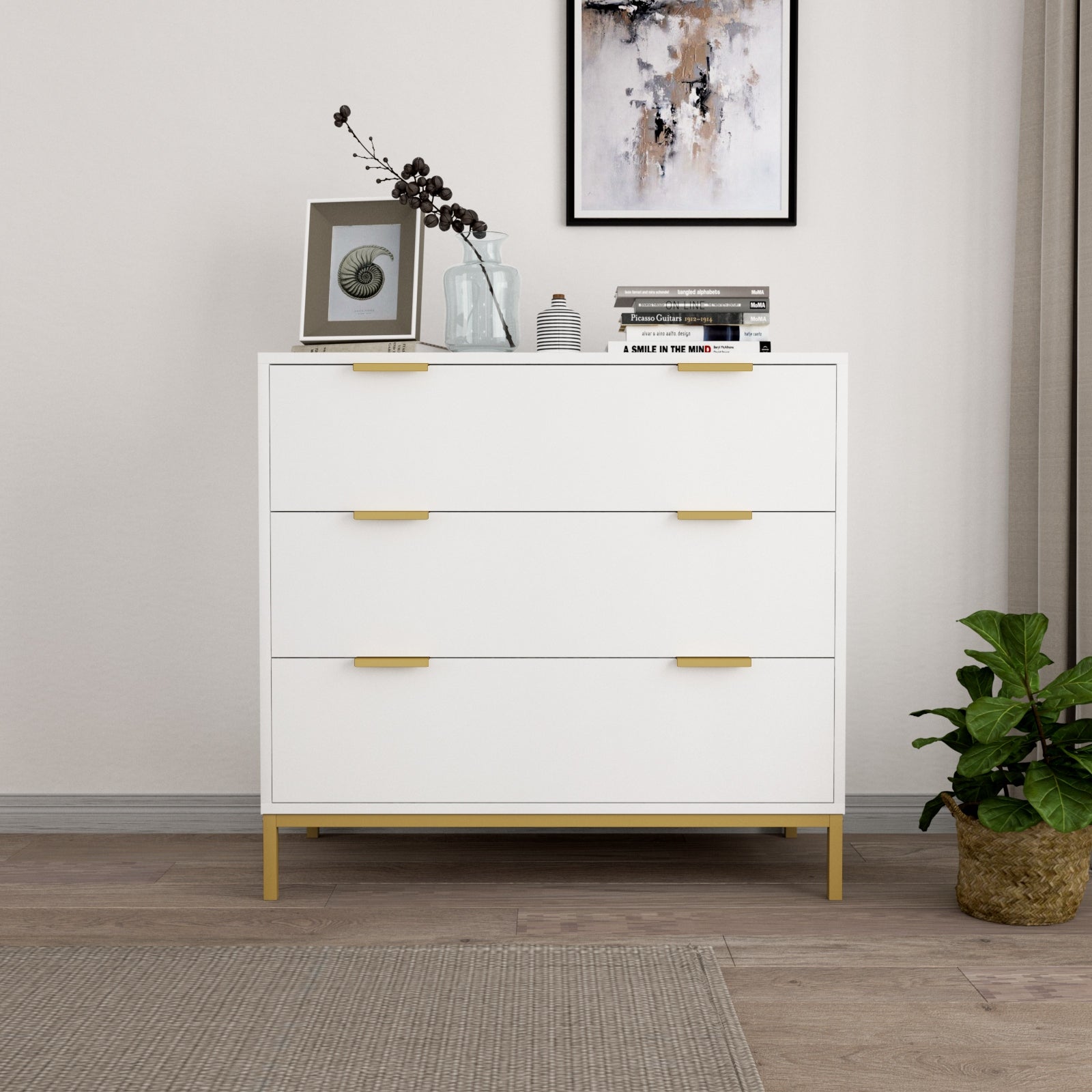 Anmytek White 3-Drawer Dresser with Gold Metal Legs Mid Century Modern Chest of Drawers 31.5 in. W x 29.5 in. H x 15.7 in. D - - 37083470 - Mycitystee