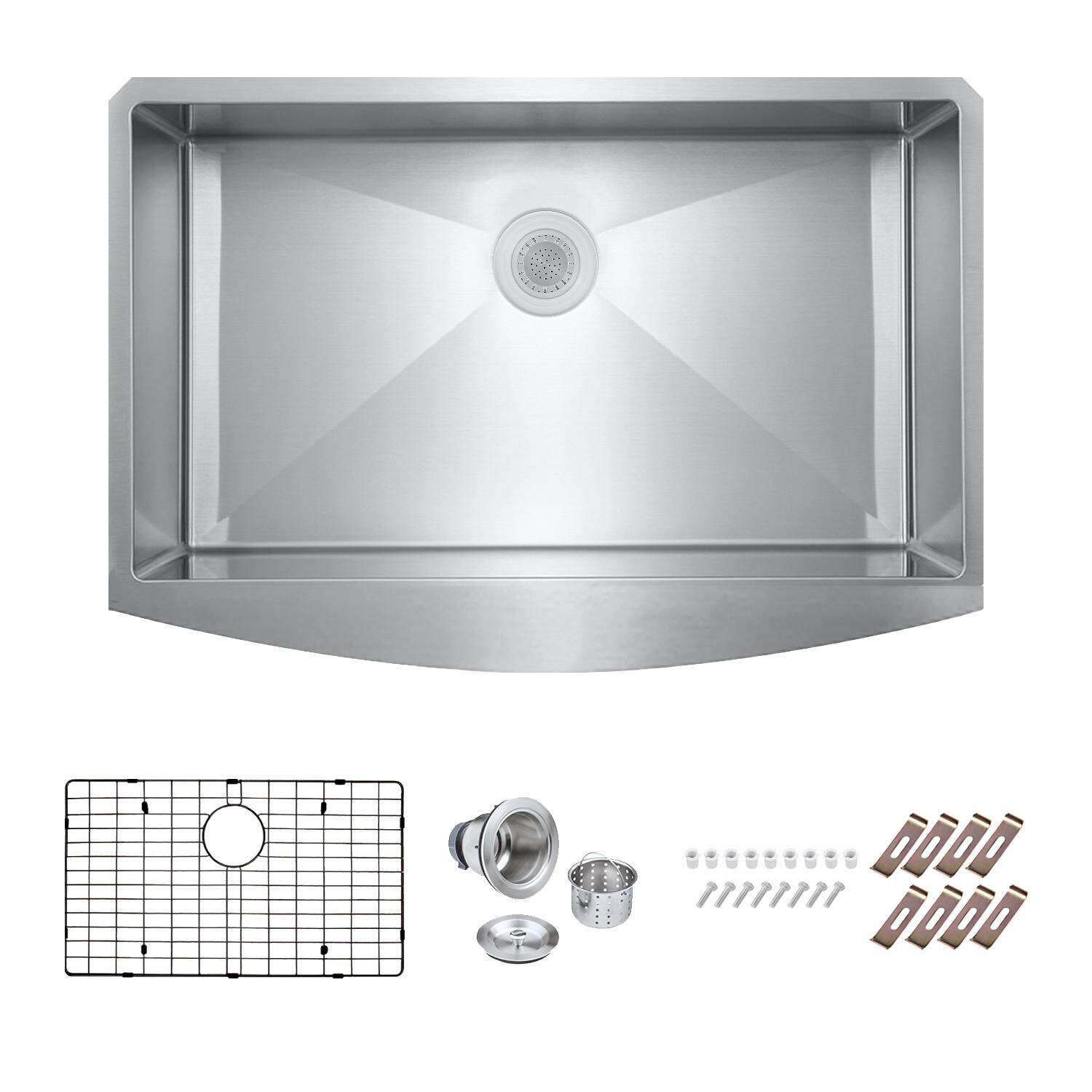 Signature Farmhouse Bowed Apron Stainless Steel 33-Inch Sink W/Grid and Strainer - Mycitystee