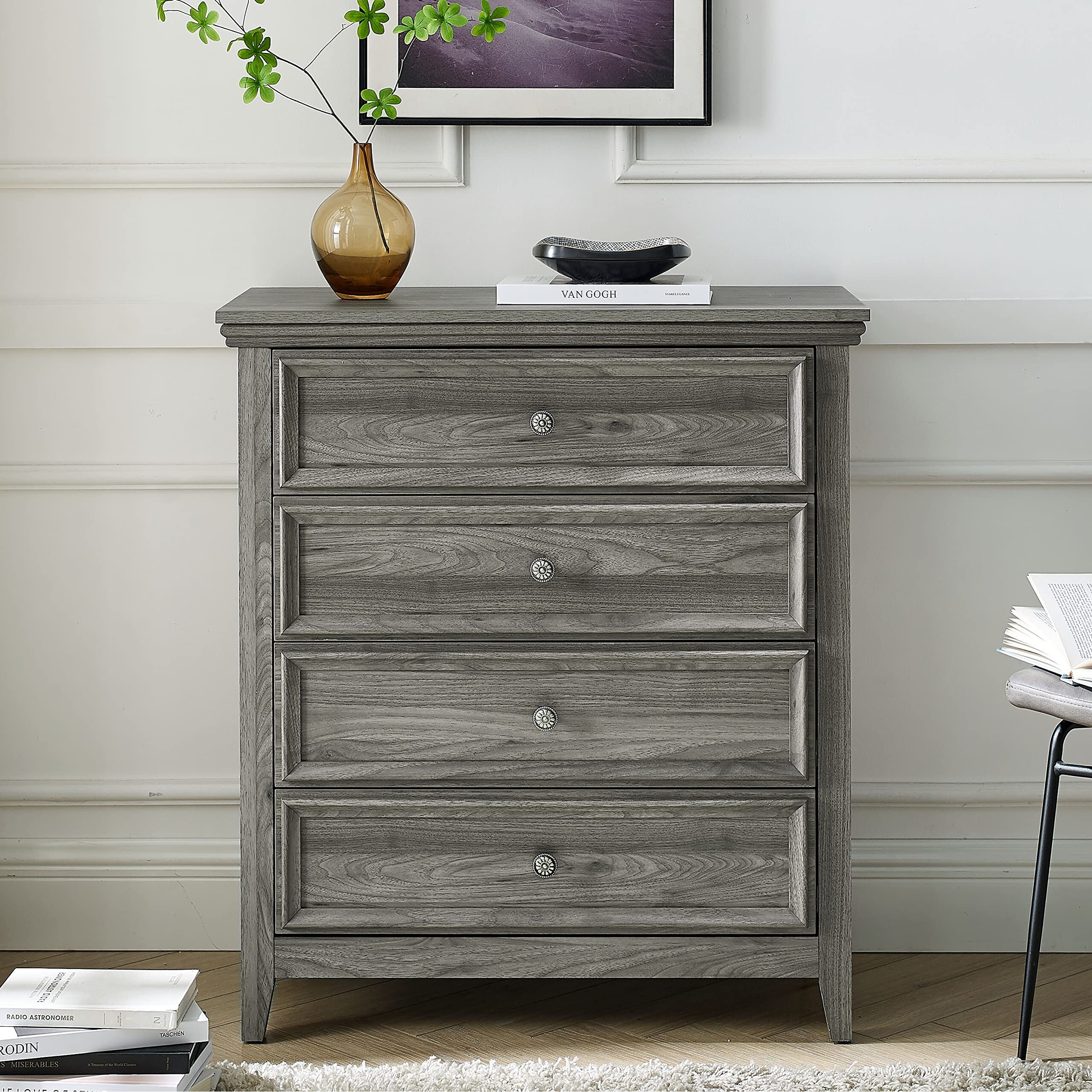 Dresser for Bedroom， 4 Chest of Drawers， Wood Dresser Grey， Tall Nightstand with Drawer Cabinet Kids Dresser - as picture - - 37668771 - Mycitystee