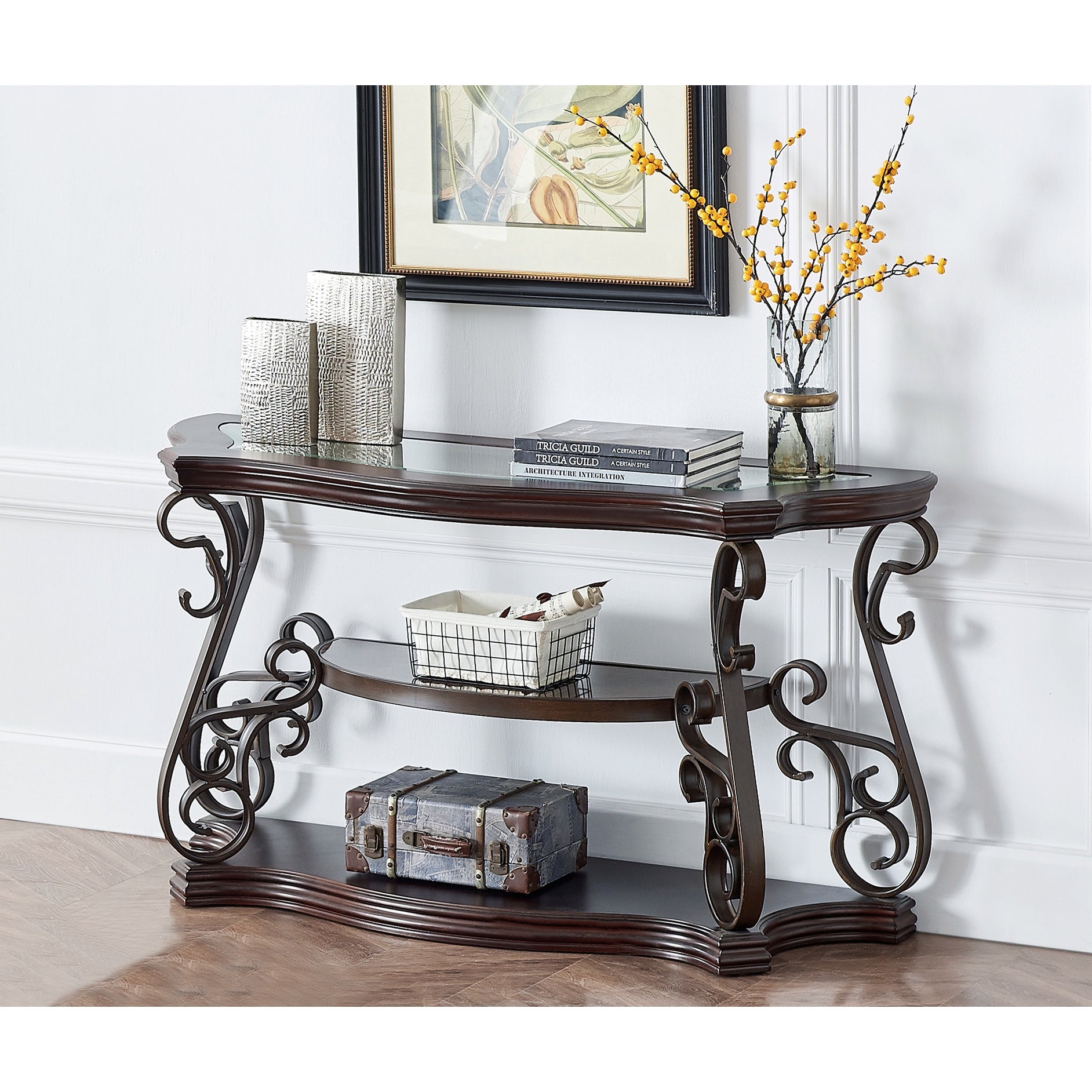 54 in. Dark Brown Irregular Glass Table Top Coffee Table With Shelf - Mycitystee