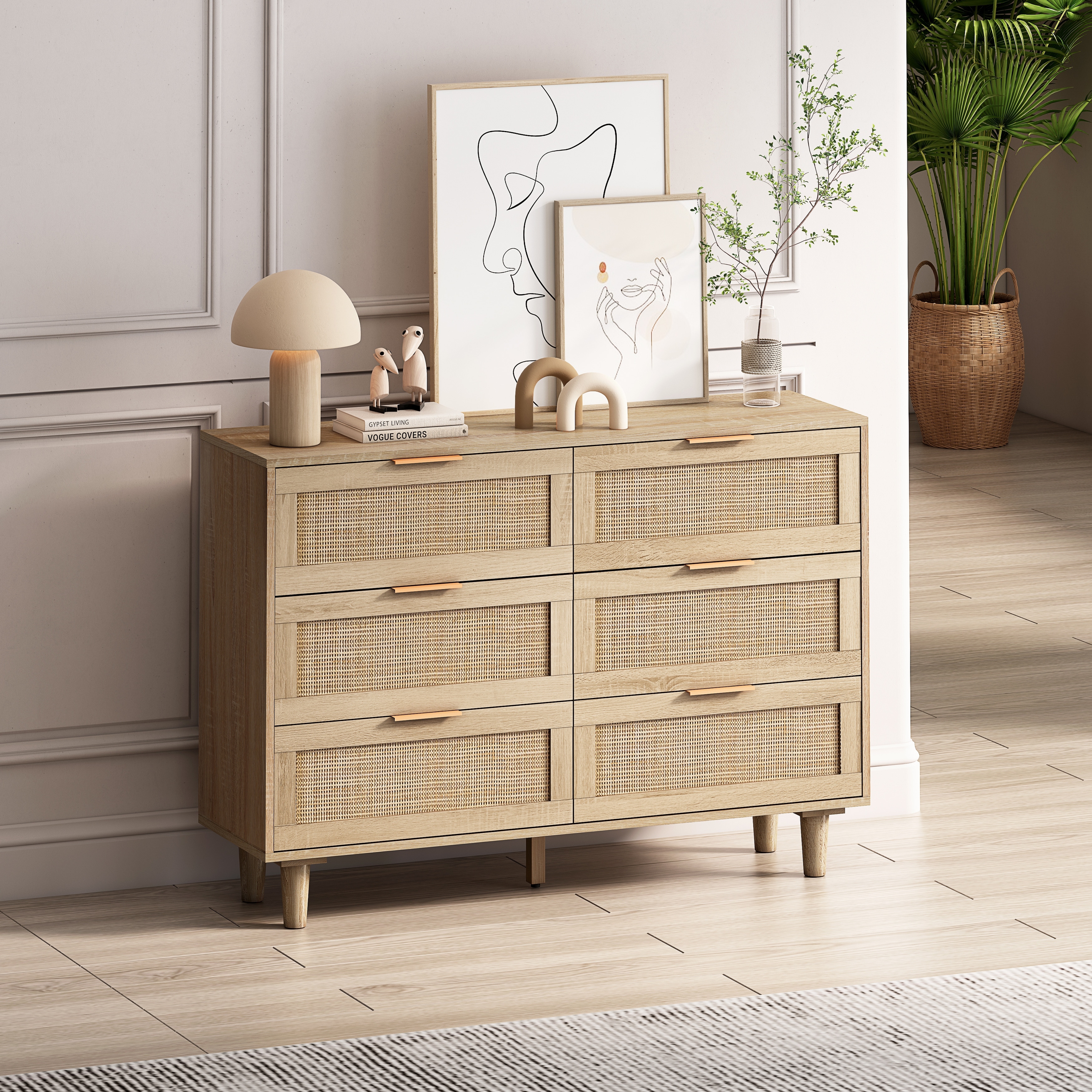 Natural Rattan 6-Drawer Storage Cabinet Dresser(43