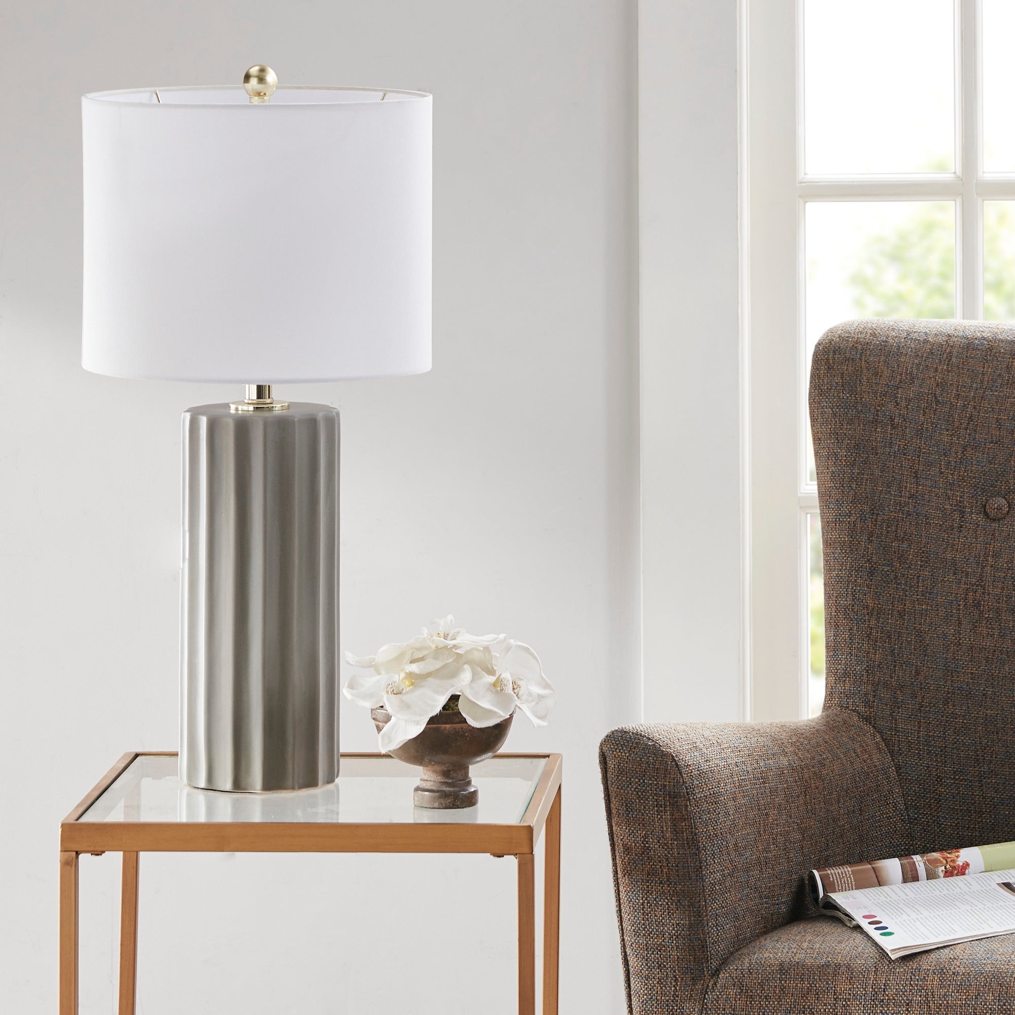 Martha Stewart Glendale Grey Ribbed Ceramic Table Lamp - Mycitystee
